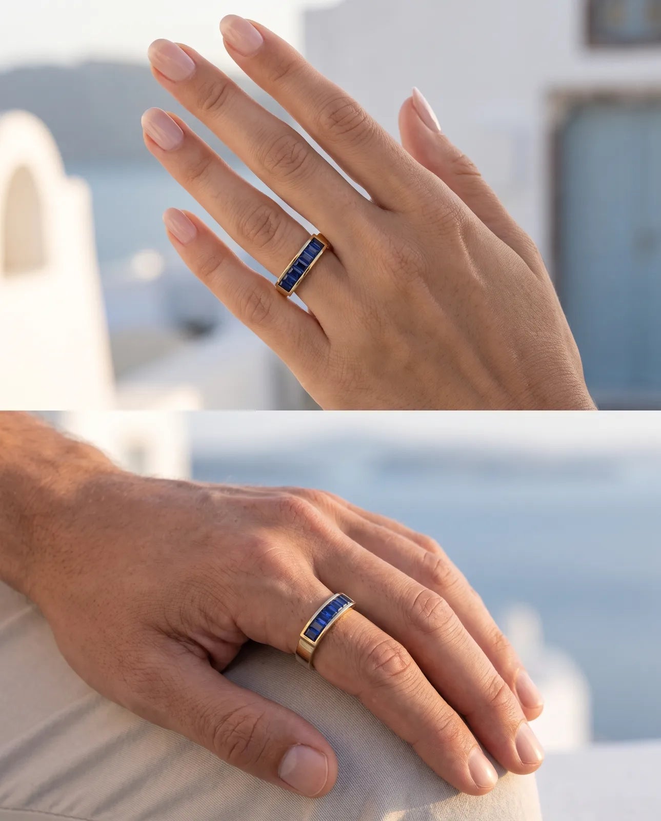 Akrotiri Band in 14k yellow gold, seven emerald-cut blue sapphires channel-set in a raised bar across a flat-top band, worn on a woman's finger and on a man's finger against a blurred island backdrop