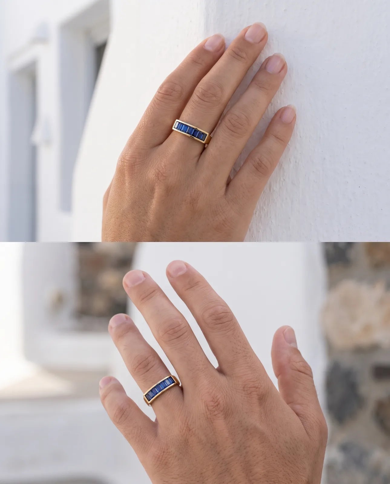 Akrotiri Band in 14k yellow gold, seven emerald-cut blue sapphires channel-set in a raised bar across a flat-top band, worn on a hand resting against a whitewashed Santorini wall in two lifestyle views