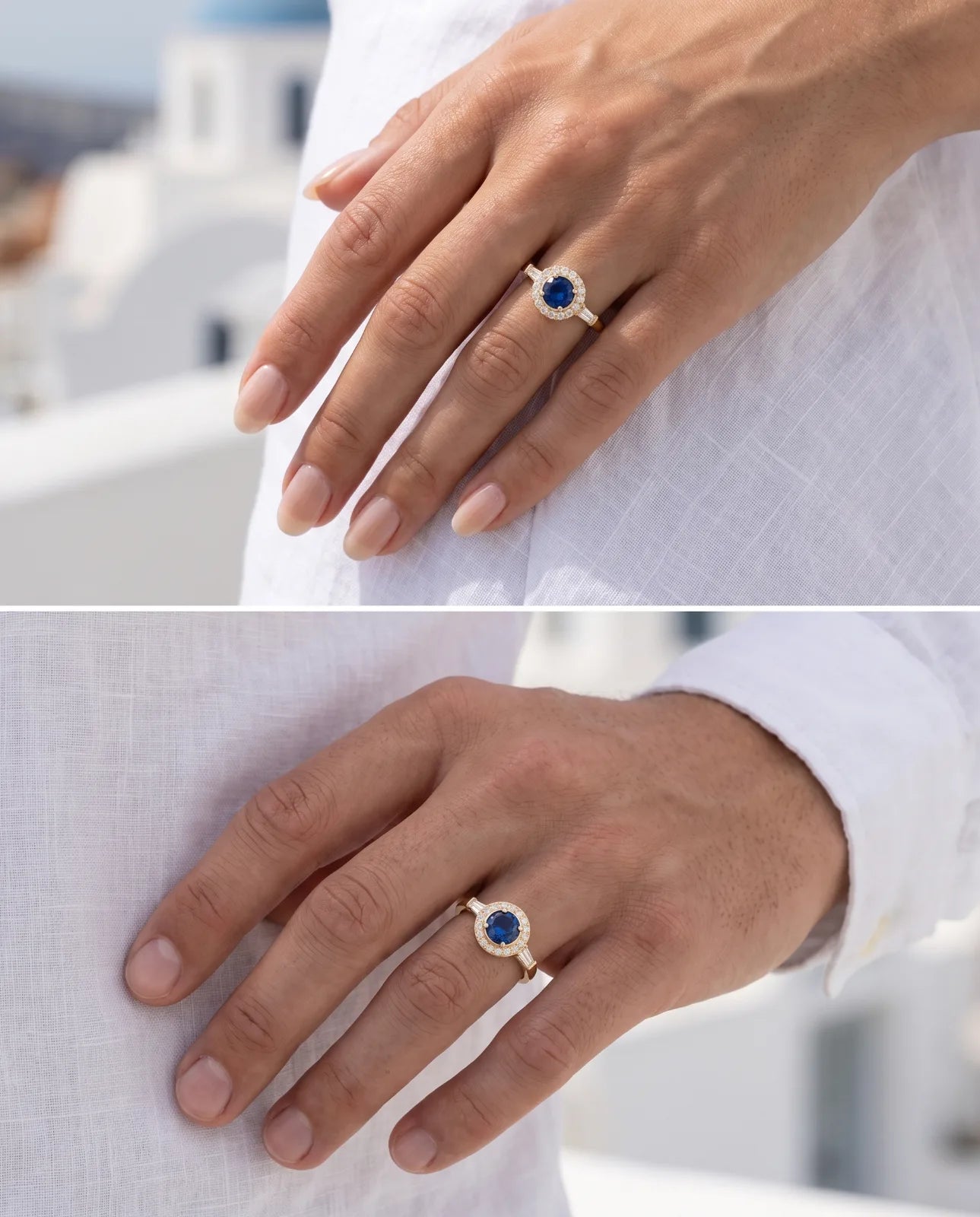 Aureole Ring in 14k yellow gold, a round blue sapphire framed by a diamond halo with a tapered baguette on each shoulder, worn on a woman's and a man's hand against white linen with Santorini rooftops behind