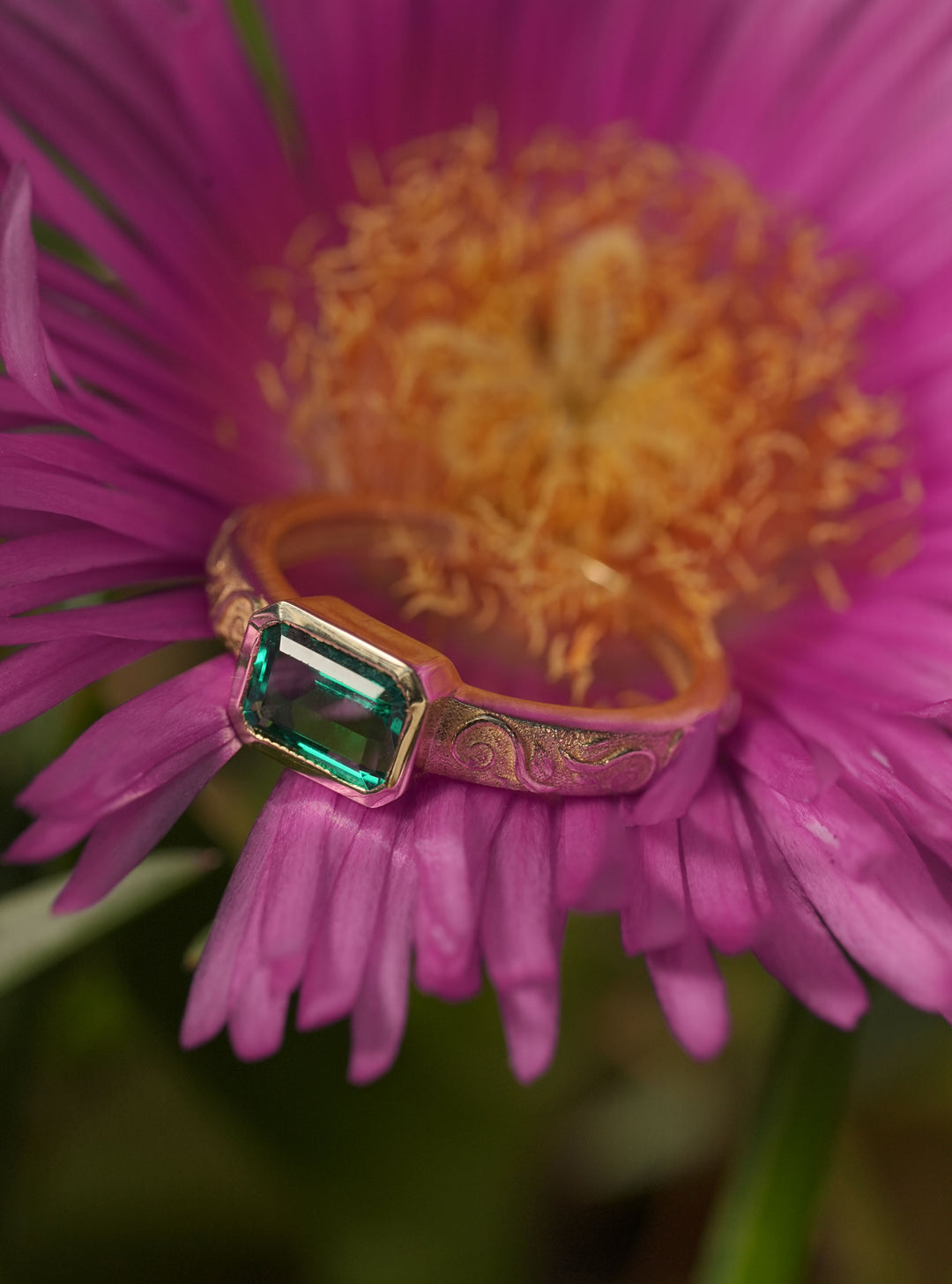 gold emerald 14k gold ring with vine engraving from The O Collection
