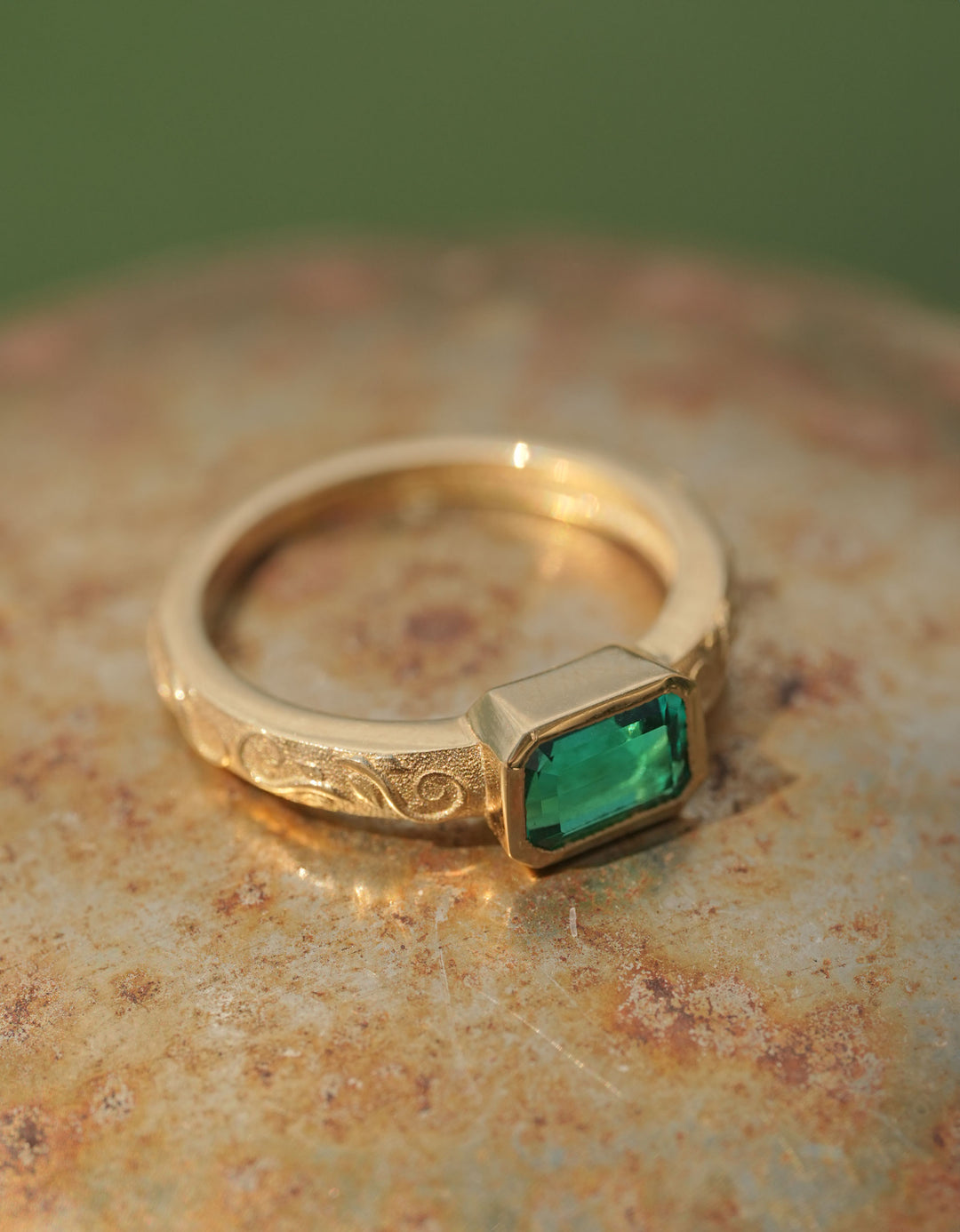 gold emerald 14k gold ring with vine engraving from The O Collection