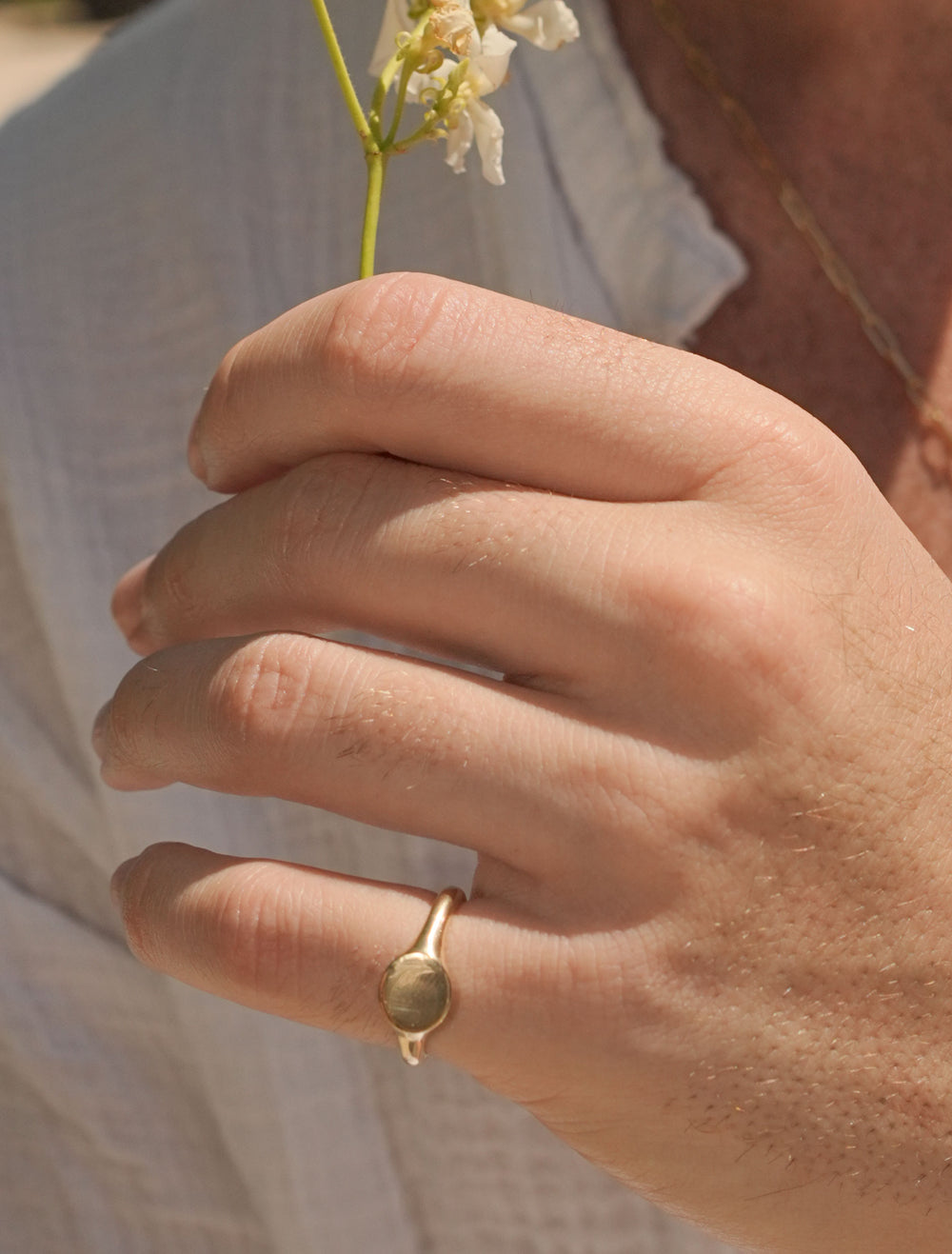 Solare Ring by O Collection — 14k gold minimalist signet ring with oval face, sun-inspired modern heirloom jewelry
