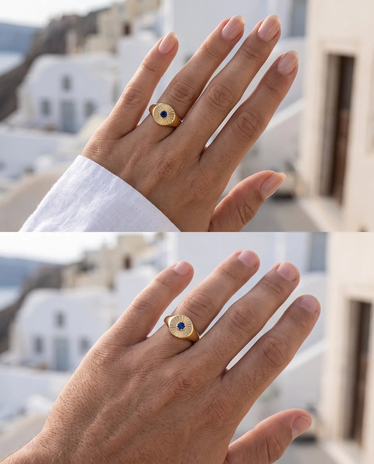 Helia Signet in 14k yellow gold with a blue sapphire at the centre of an engraved sunburst face, shown in a two-panel on-model shot worn on the index finger of a raised hand against whitewashed Santorini buildings.