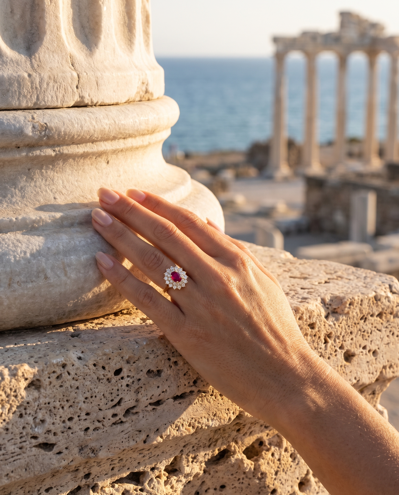 The Rosetta Ring worn on a hand by an ancient column overlooking the sea