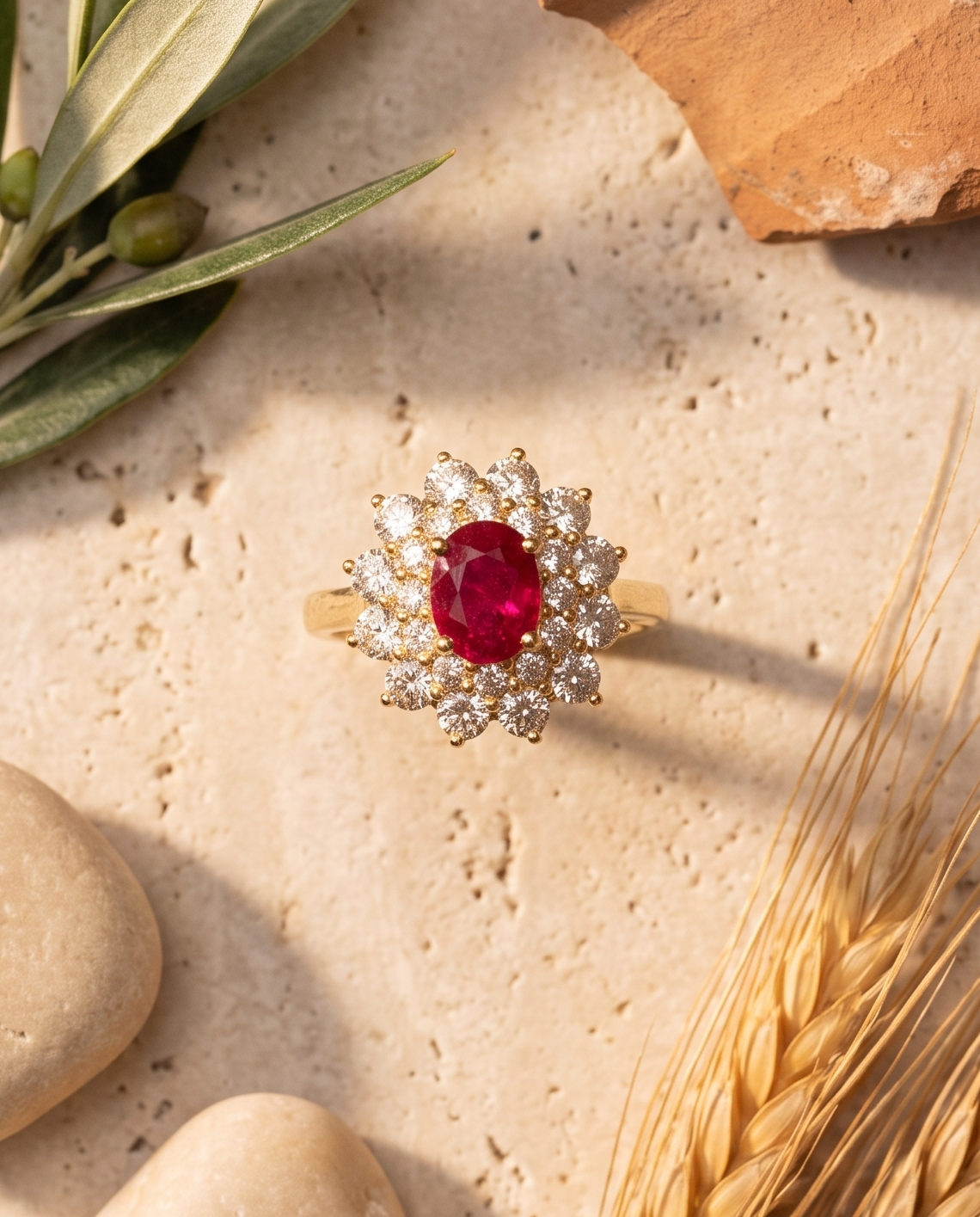 The Rosetta Ring styled flat-lay with Mediterranean props