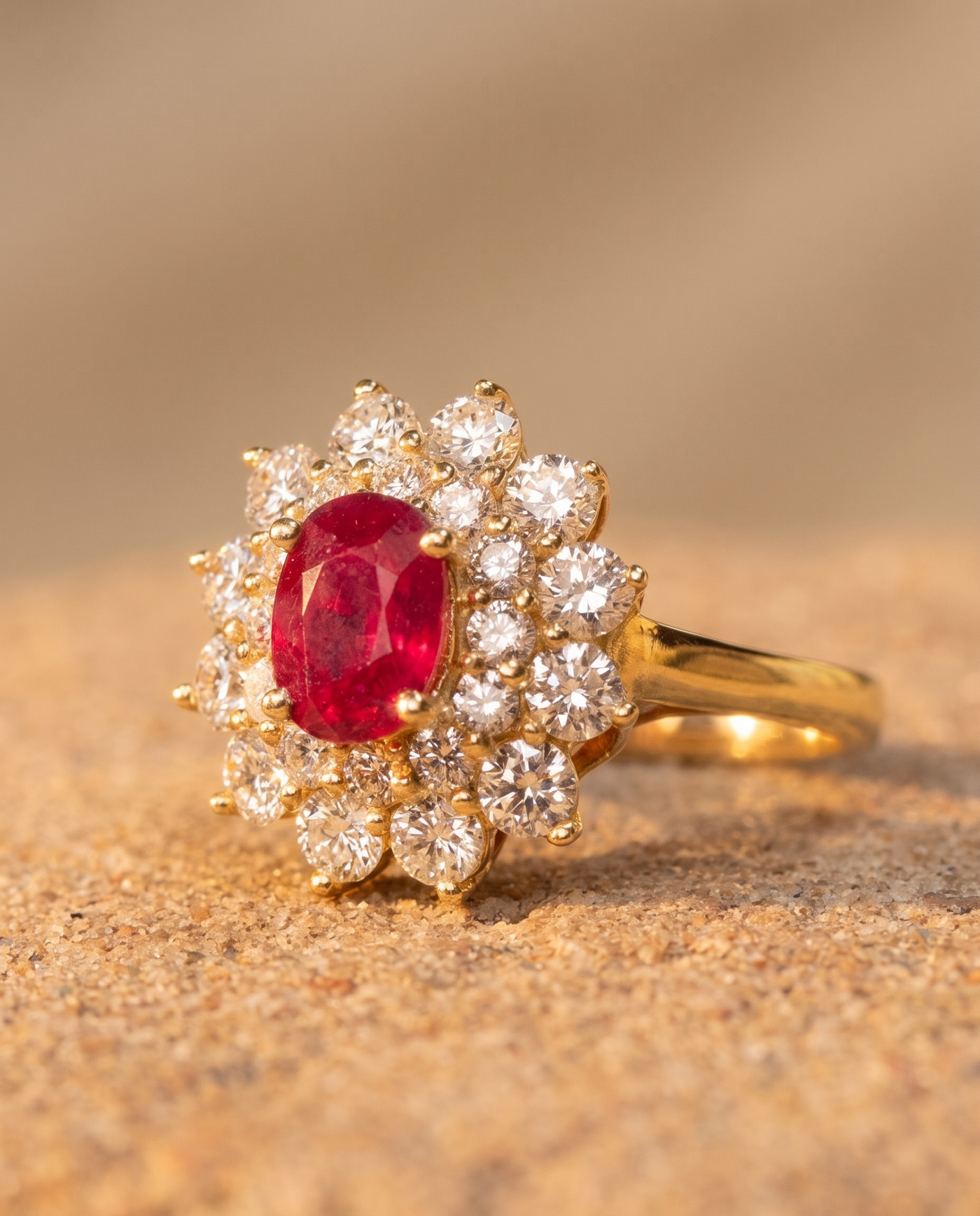 The Rosetta Ring macro detail of ruby and diamond halo