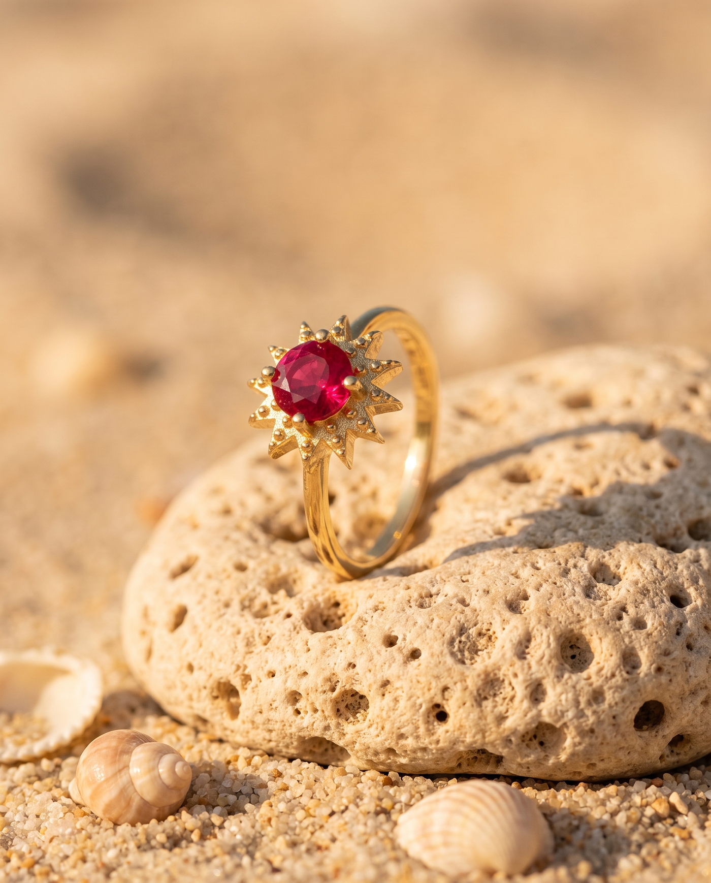 The Astrella Ring on an Aegean beach stone at golden hour