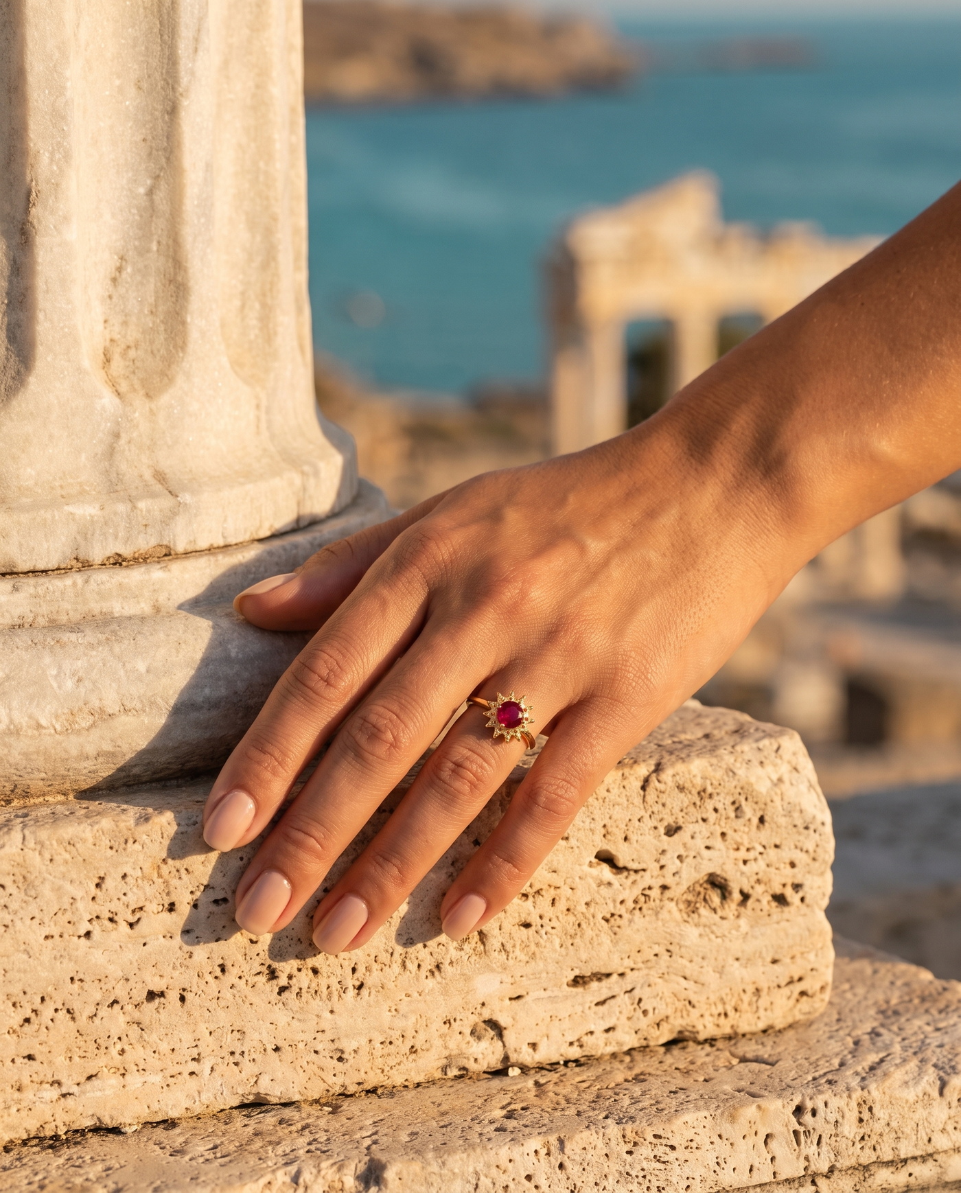 The Astrella Ring worn on a hand by an ancient column overlooking the sea