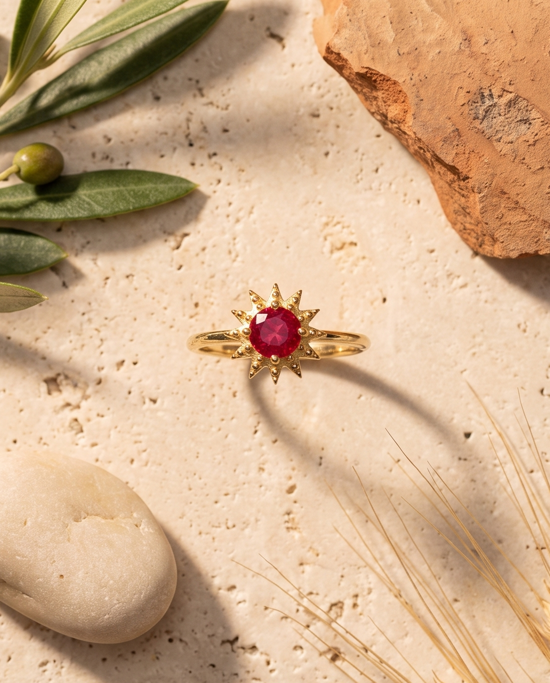 The Astrella Ring styled flat-lay with Mediterranean props
