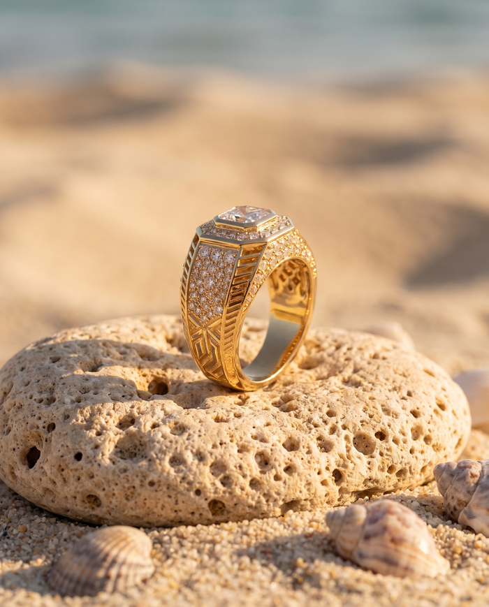 The Imperium Ring on an Aegean beach stone at golden hour