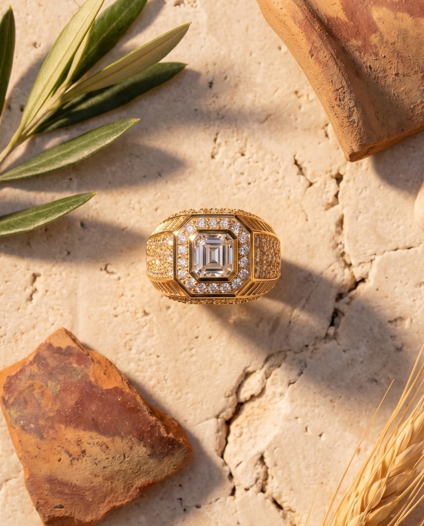 The Imperium Ring styled flat-lay with Mediterranean props