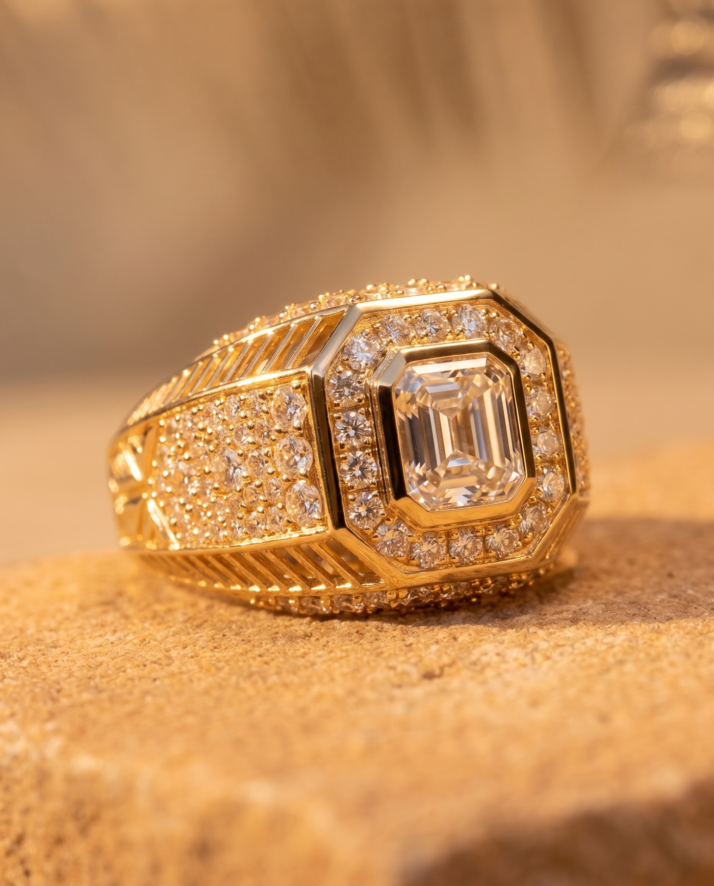 The Imperium Ring macro detail of diamonds and gold