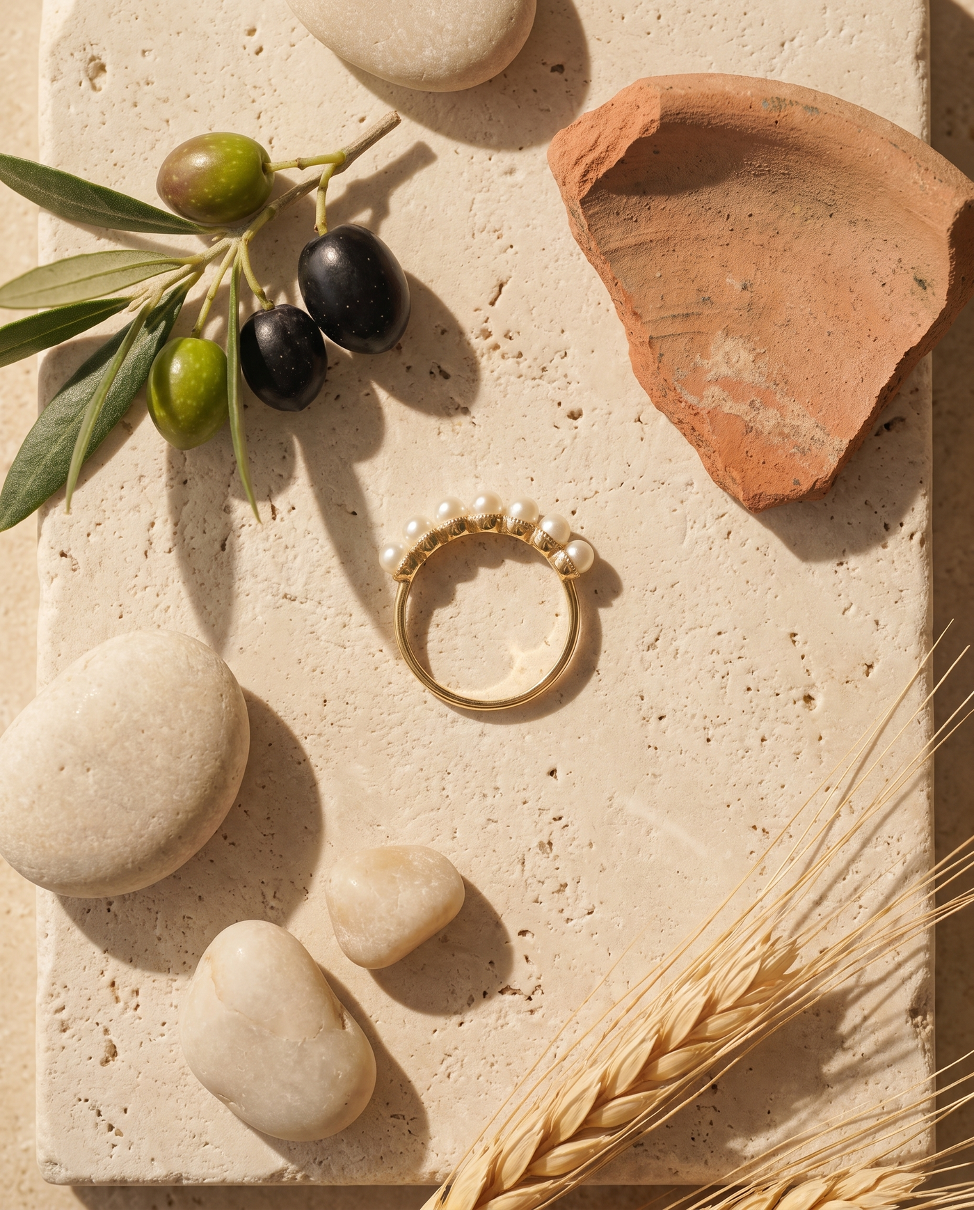 Pearl Cascade Ring styled flat-lay with Mediterranean props