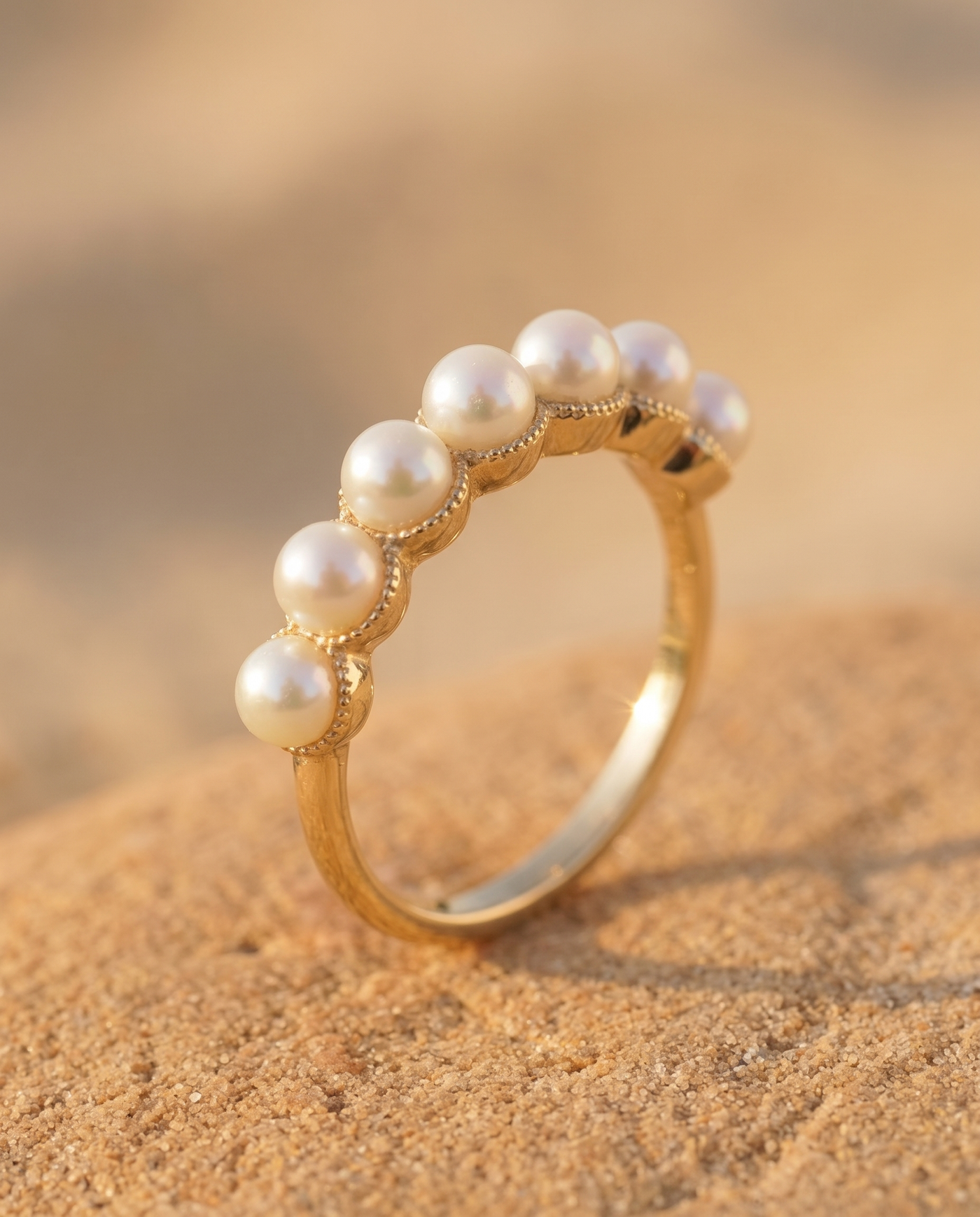 Pearl Cascade Ring macro detail of pearls and gold setting