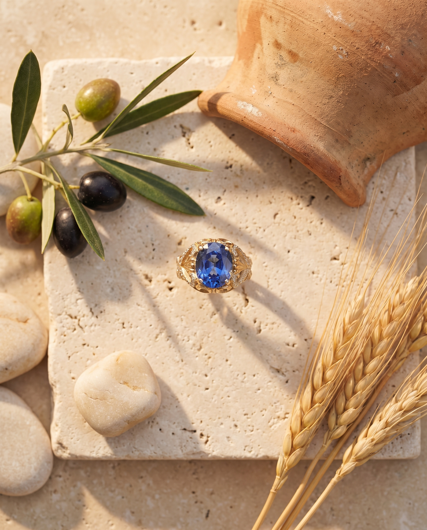 The Aegean Jewel Ring styled flat-lay with Mediterranean props