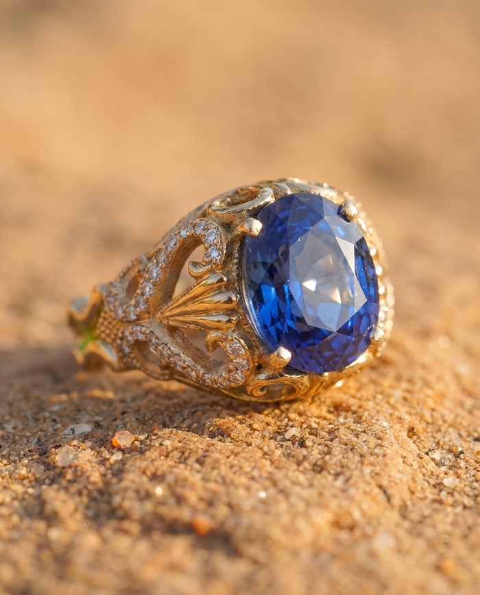 The Aegean Jewel Ring macro detail of blue sapphire and filigree