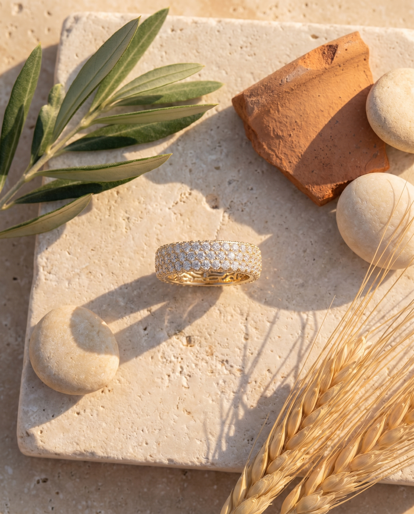 Pave Diamond Infinity Ring styled flat-lay with Mediterranean props
