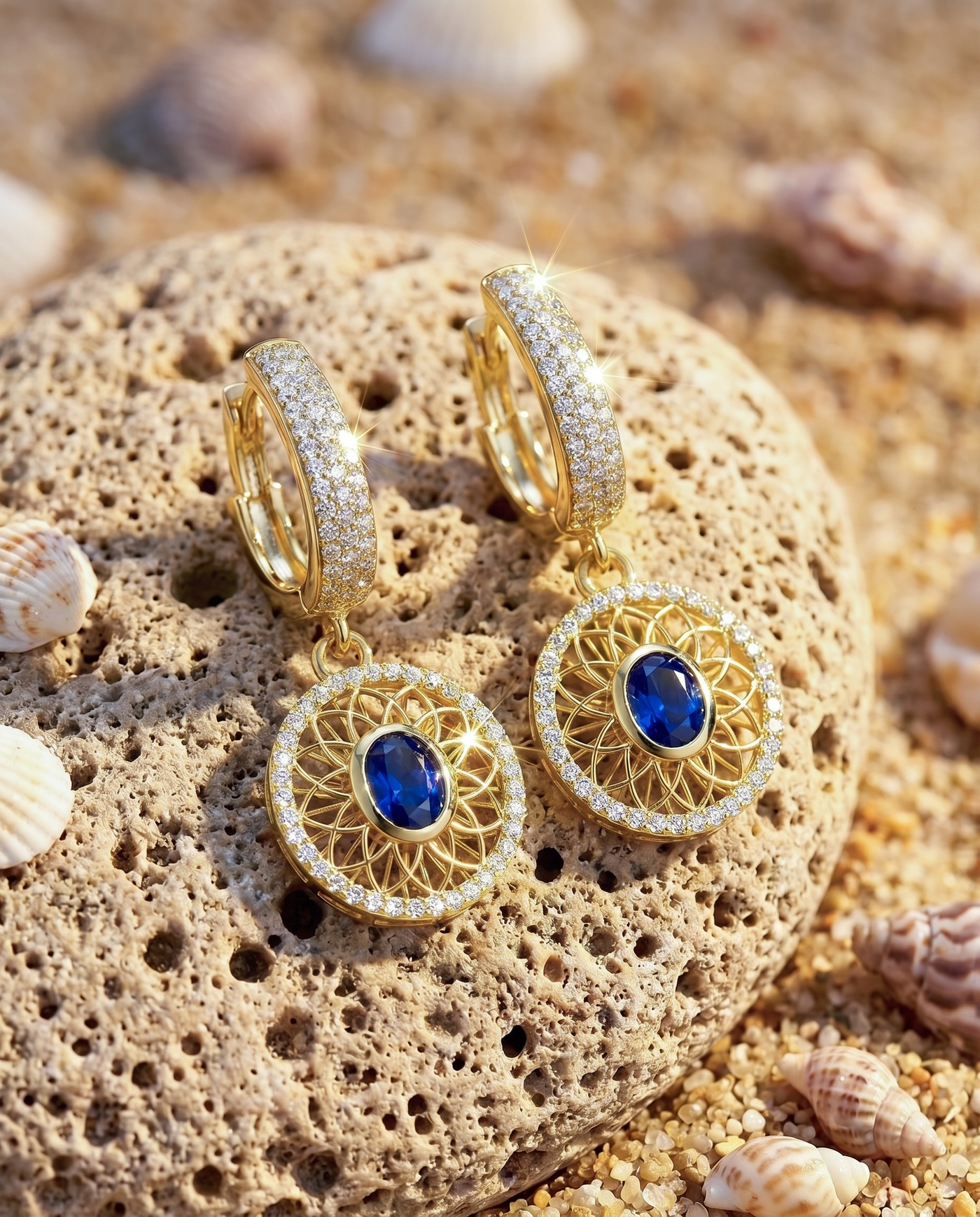 Elysian Earrings on an Aegean beach stone at golden hour