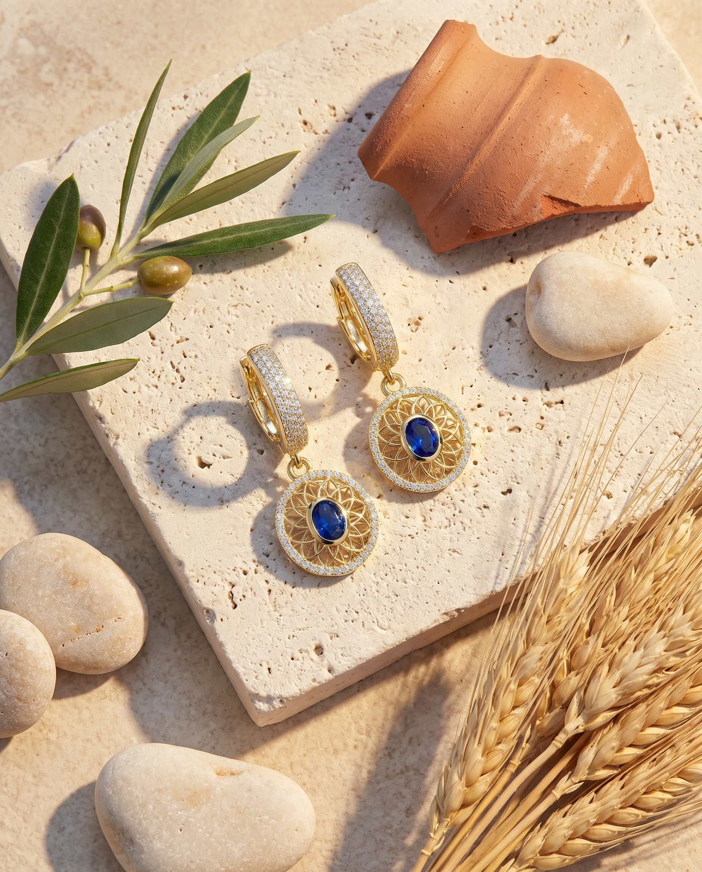 Elysian Earrings styled flat-lay with Mediterranean props