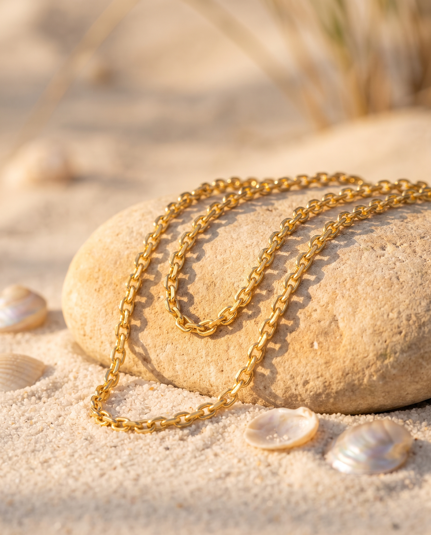 The Linea Chain draped over an Aegean beach stone at golden hour
