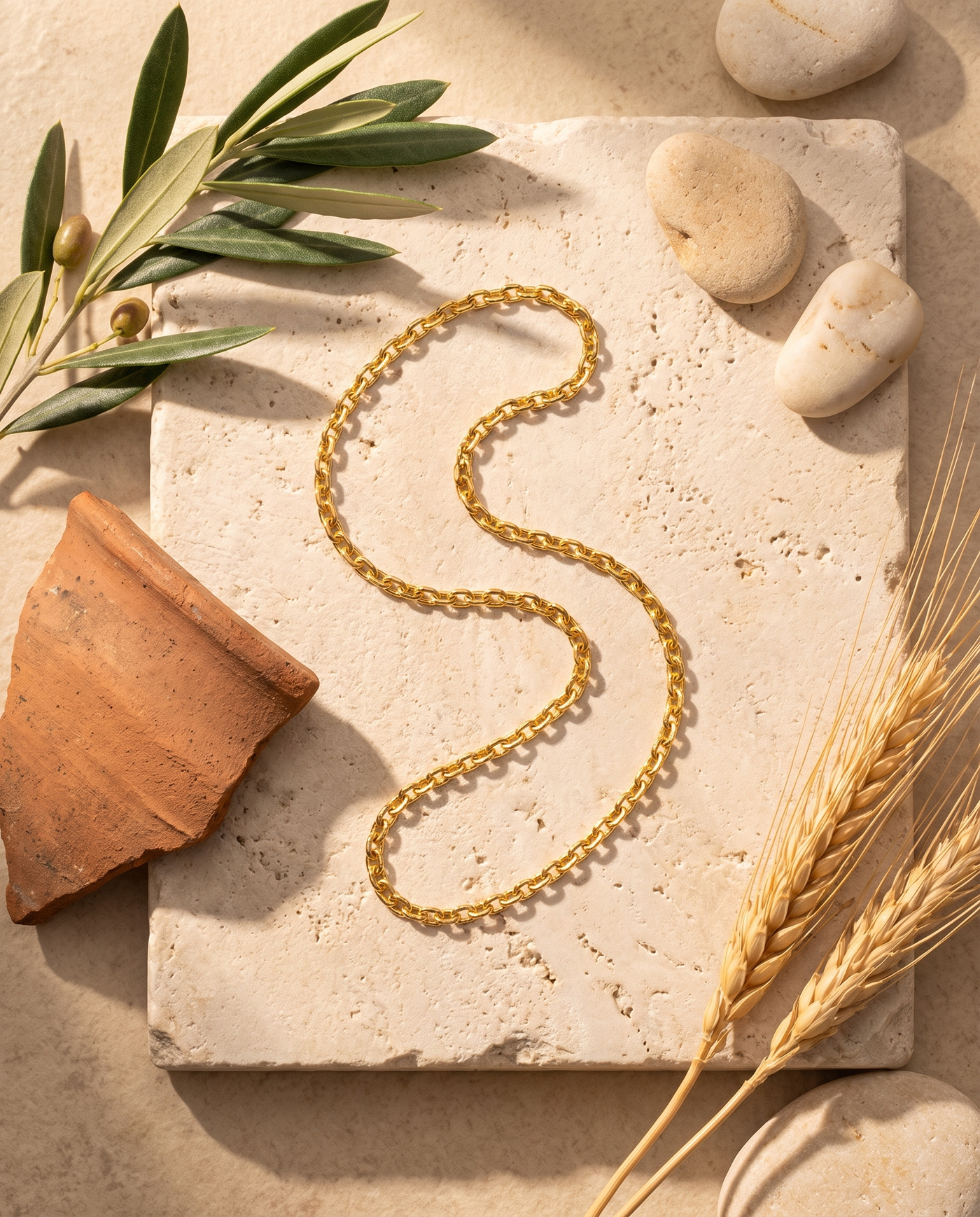The Linea Chain styled flat-lay with Mediterranean props