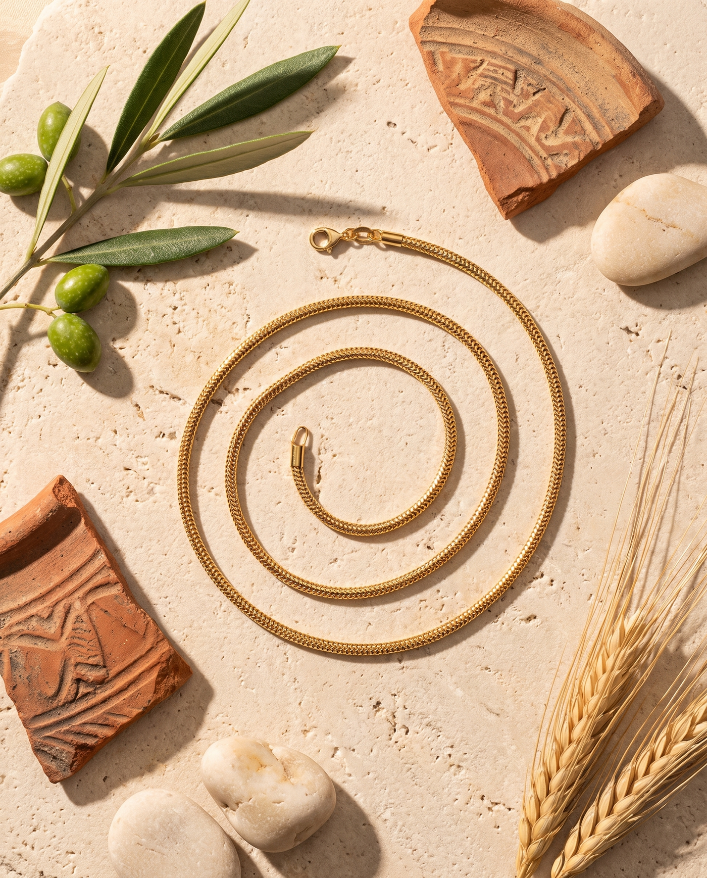 Venetian 14k Gold Chain styled flat-lay with Mediterranean props