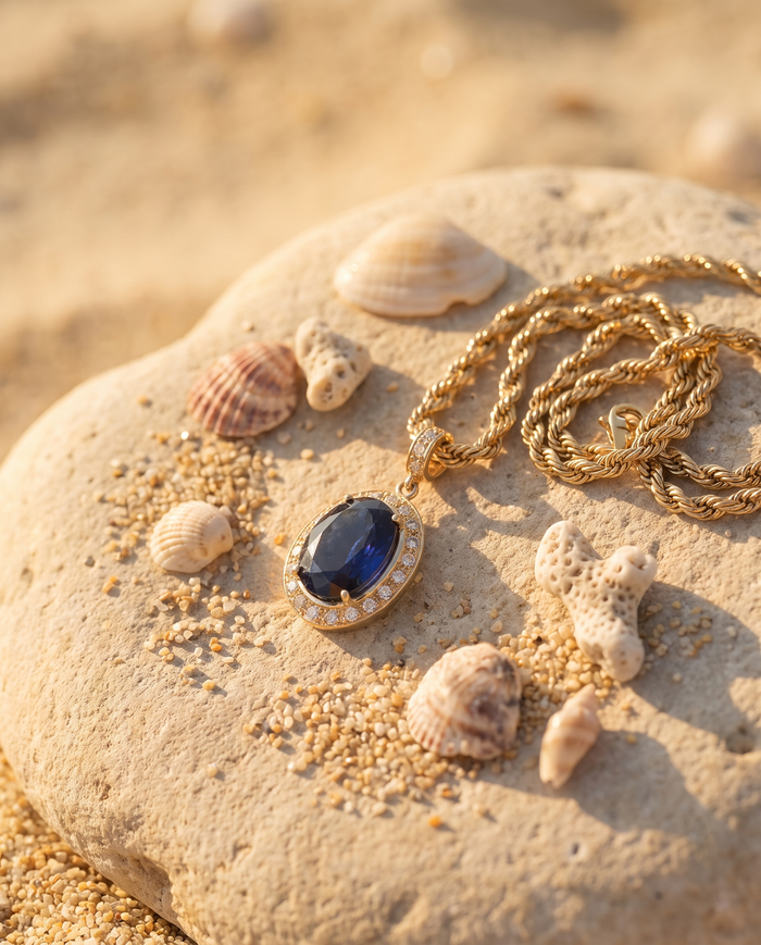 Aegean Jewel Pendant on an Aegean beach stone at golden hour
