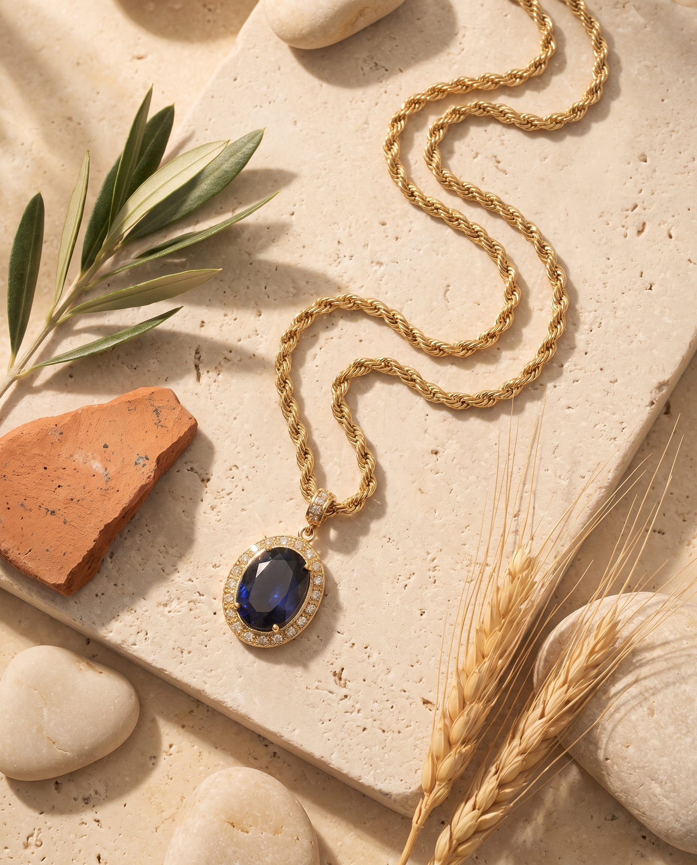 Aegean Jewel Pendant styled flat-lay with Mediterranean props