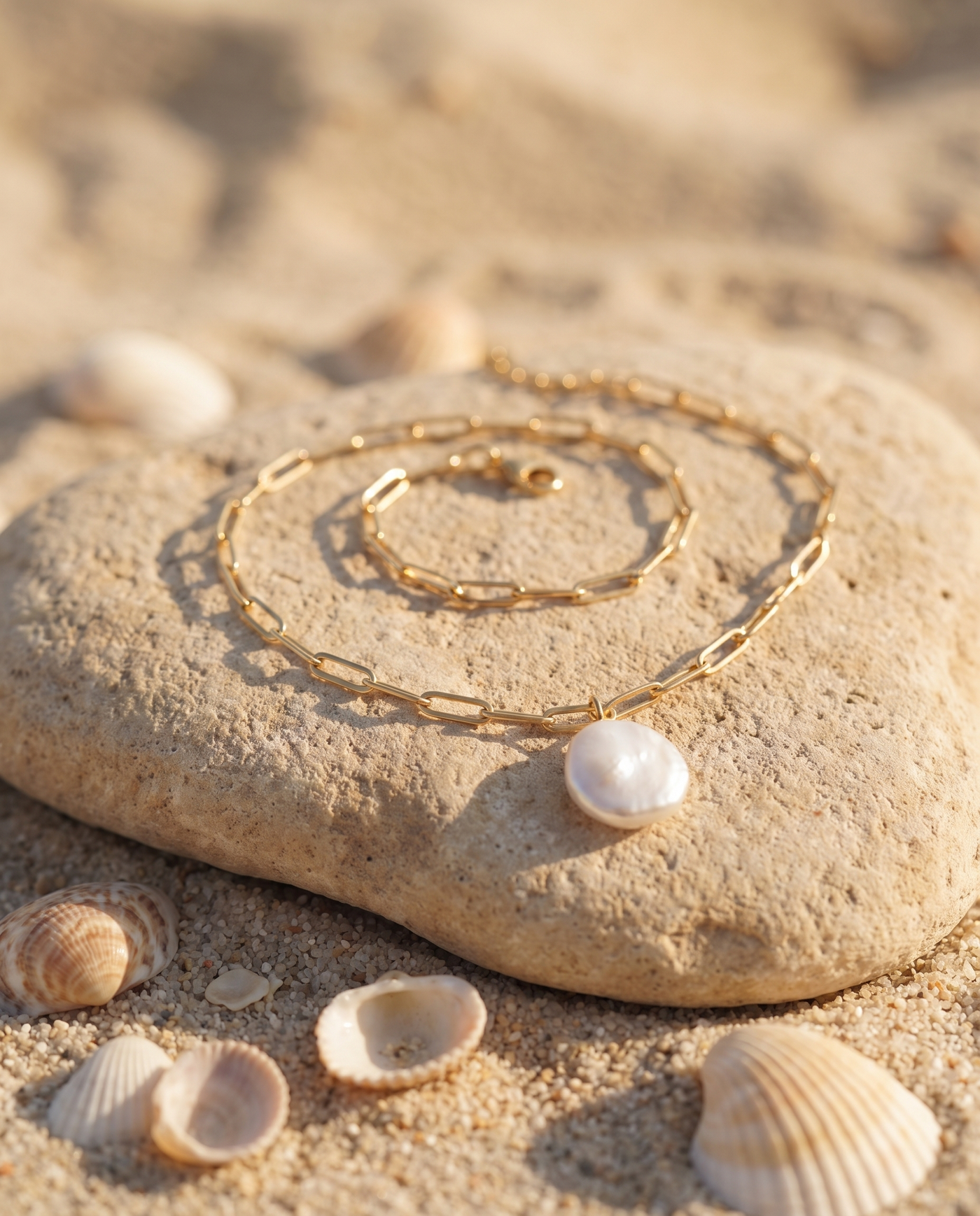 Sunlit Pearl necklace on an Aegean beach stone at golden hour