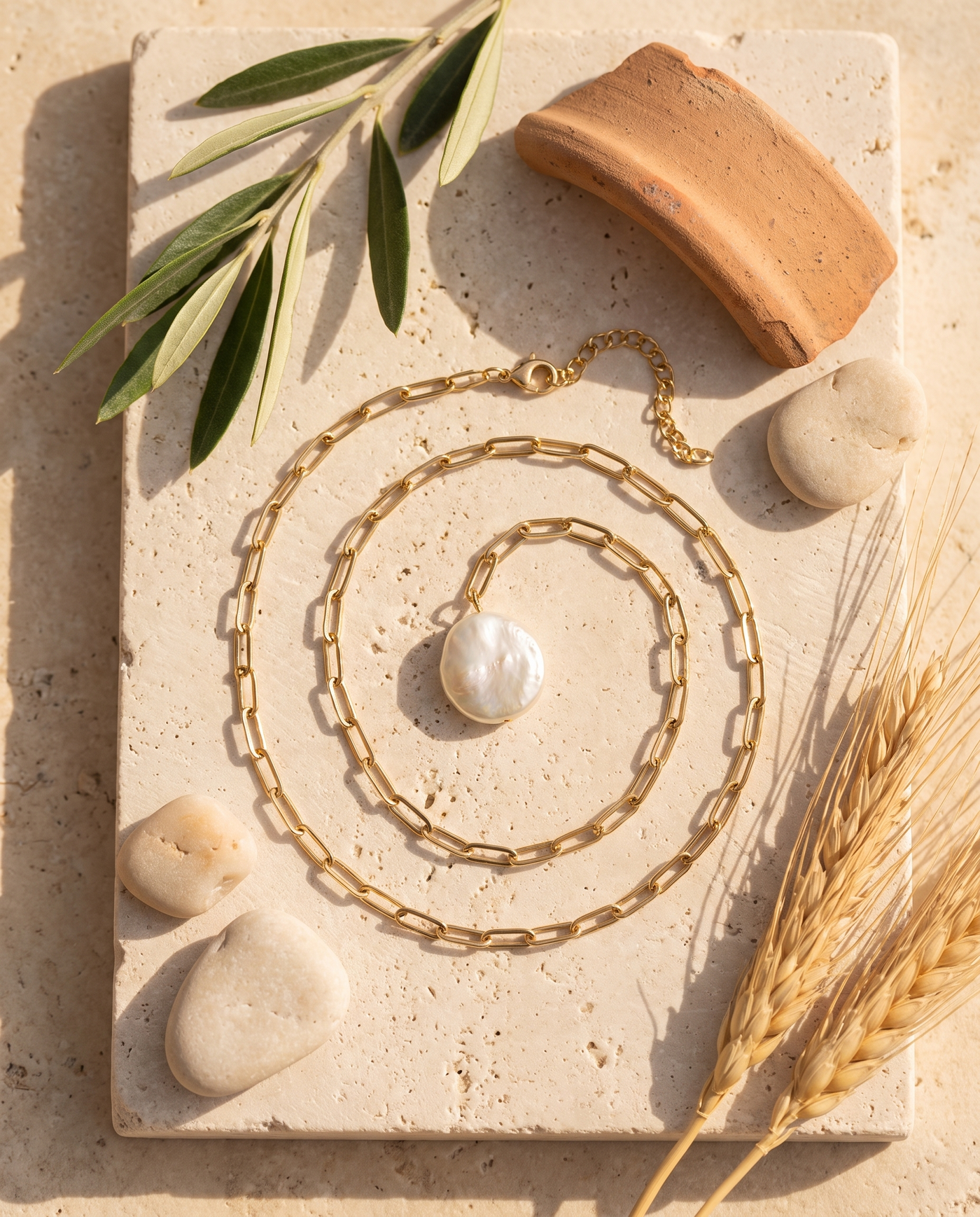 Sunlit Pearl necklace styled flat-lay with Mediterranean props