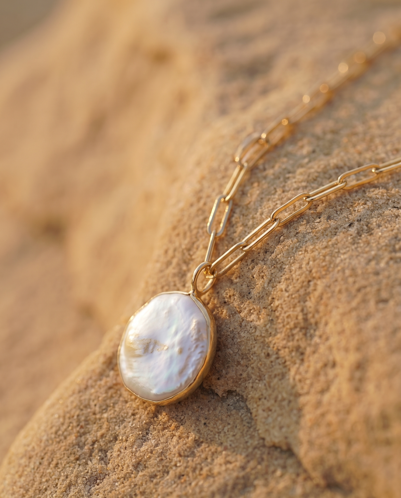 Sunlit Pearl necklace macro detail of pearl pendant