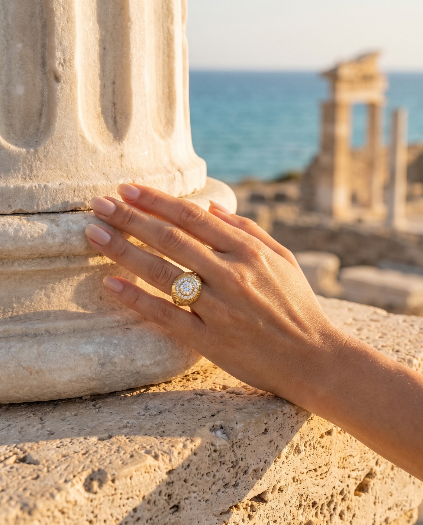 The Solari Ring worn on a hand by an ancient column overlooking the sea