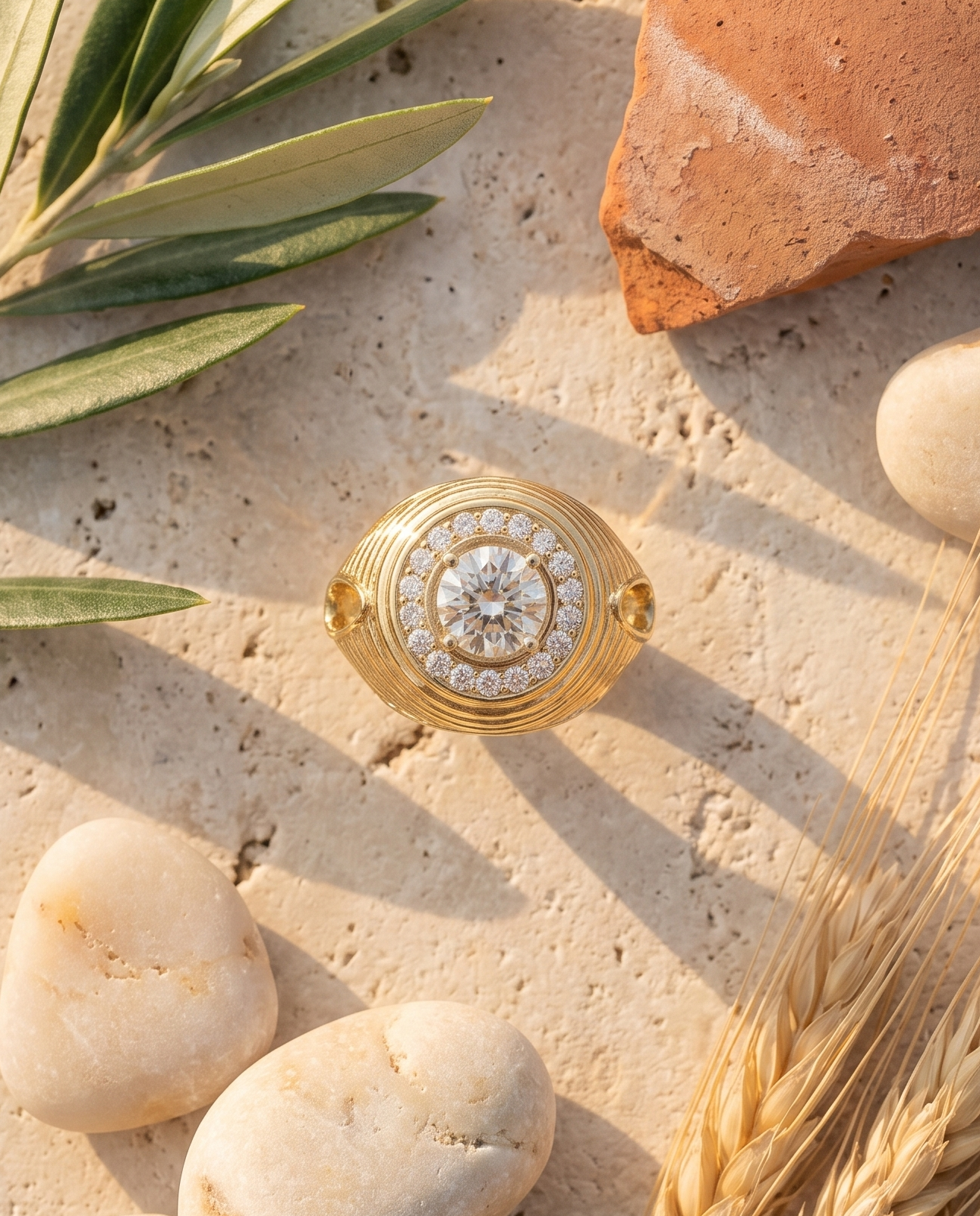 The Solari Ring styled flat-lay with Mediterranean props