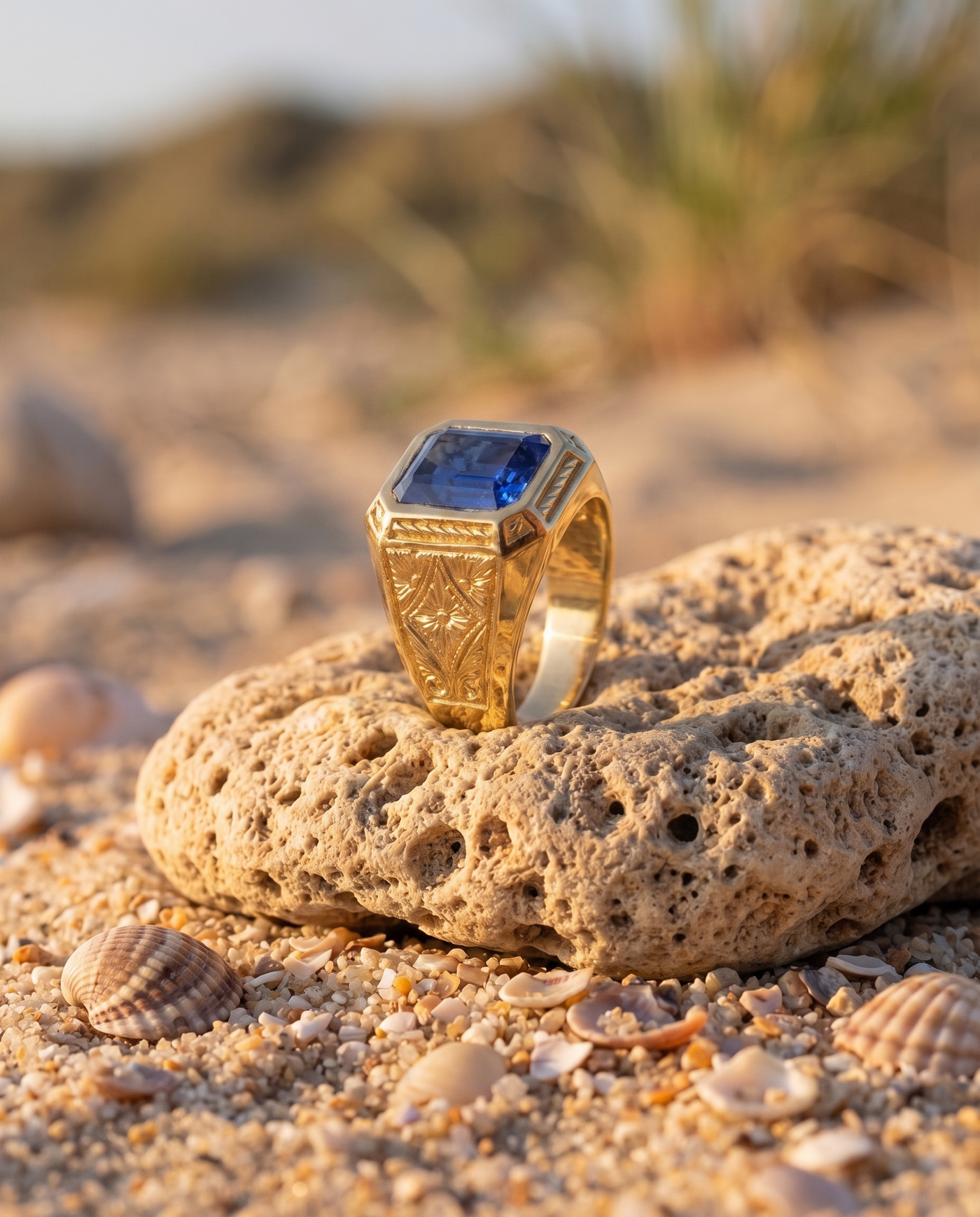 The Constantin Ring on an Aegean beach stone at golden hour