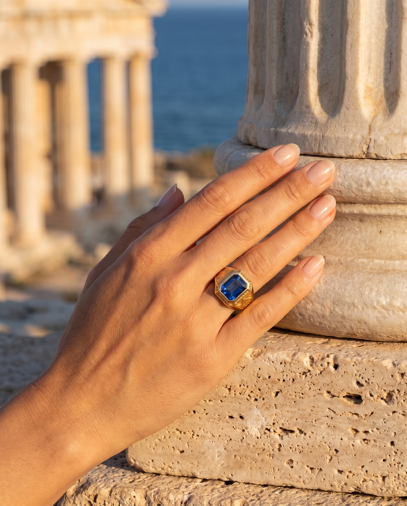 The Constantin Ring worn on a hand by an ancient column overlooking the sea