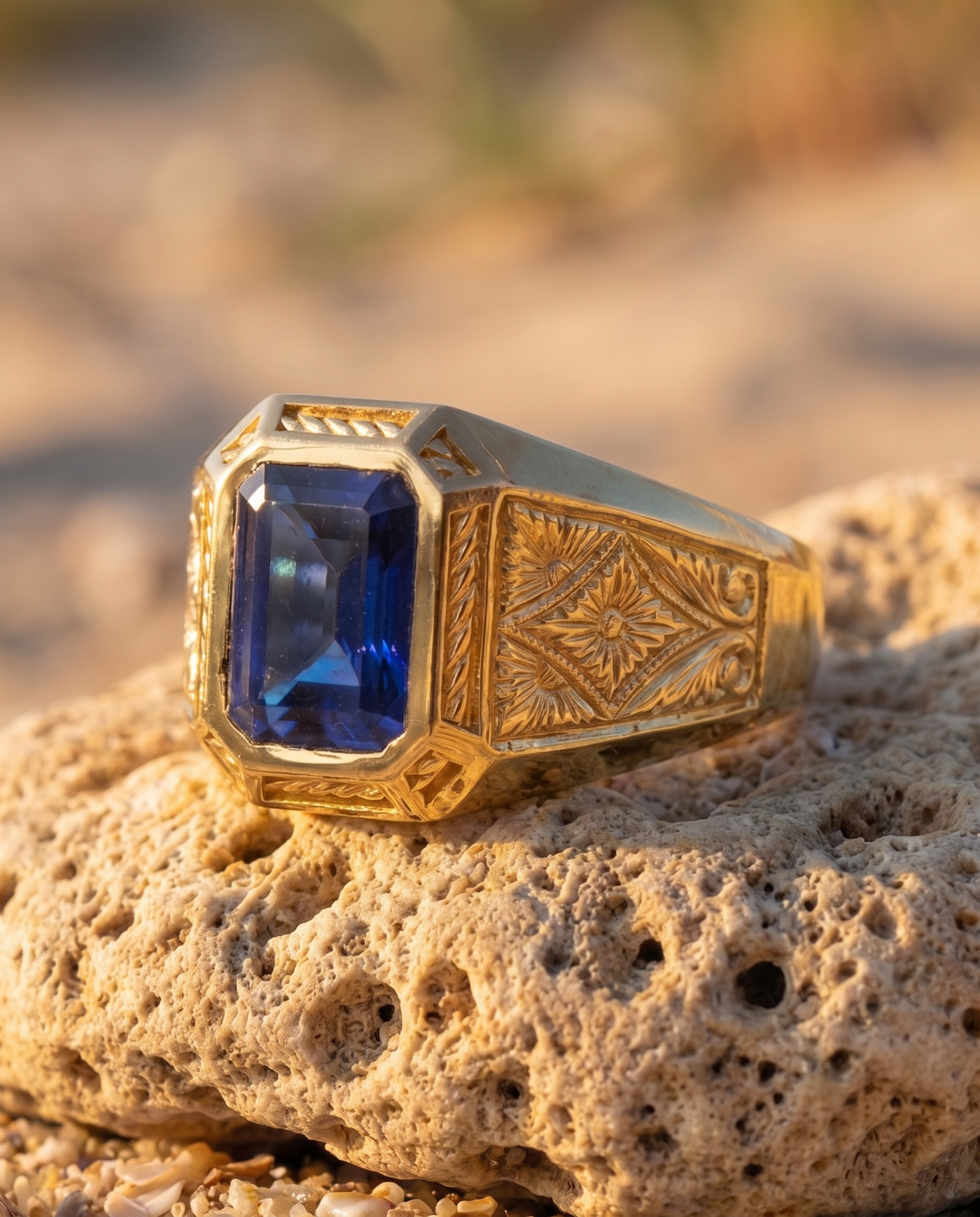 The Constantin Ring macro detail of blue sapphire and engraving