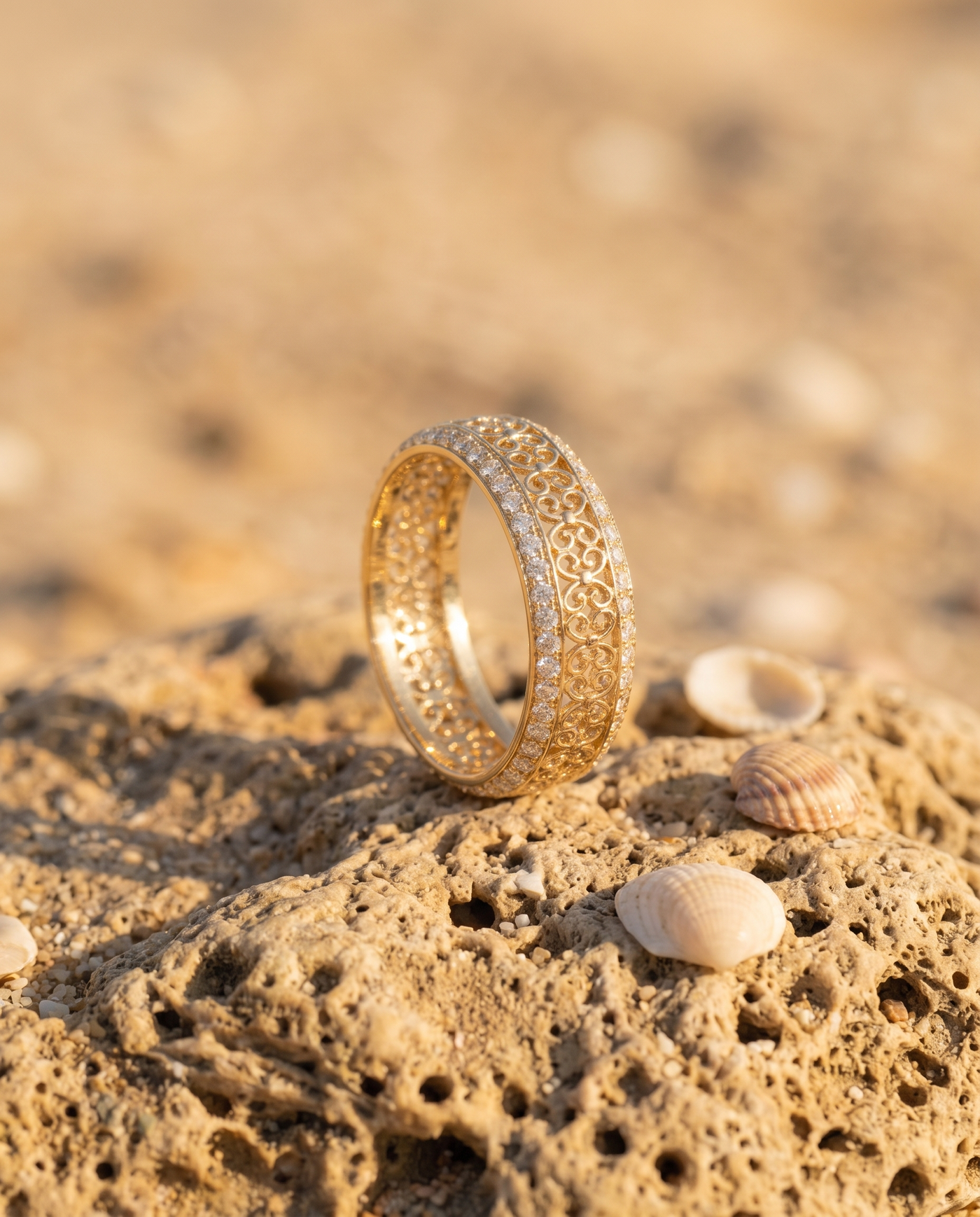 The Valencia Ring on an Aegean beach stone at golden hour