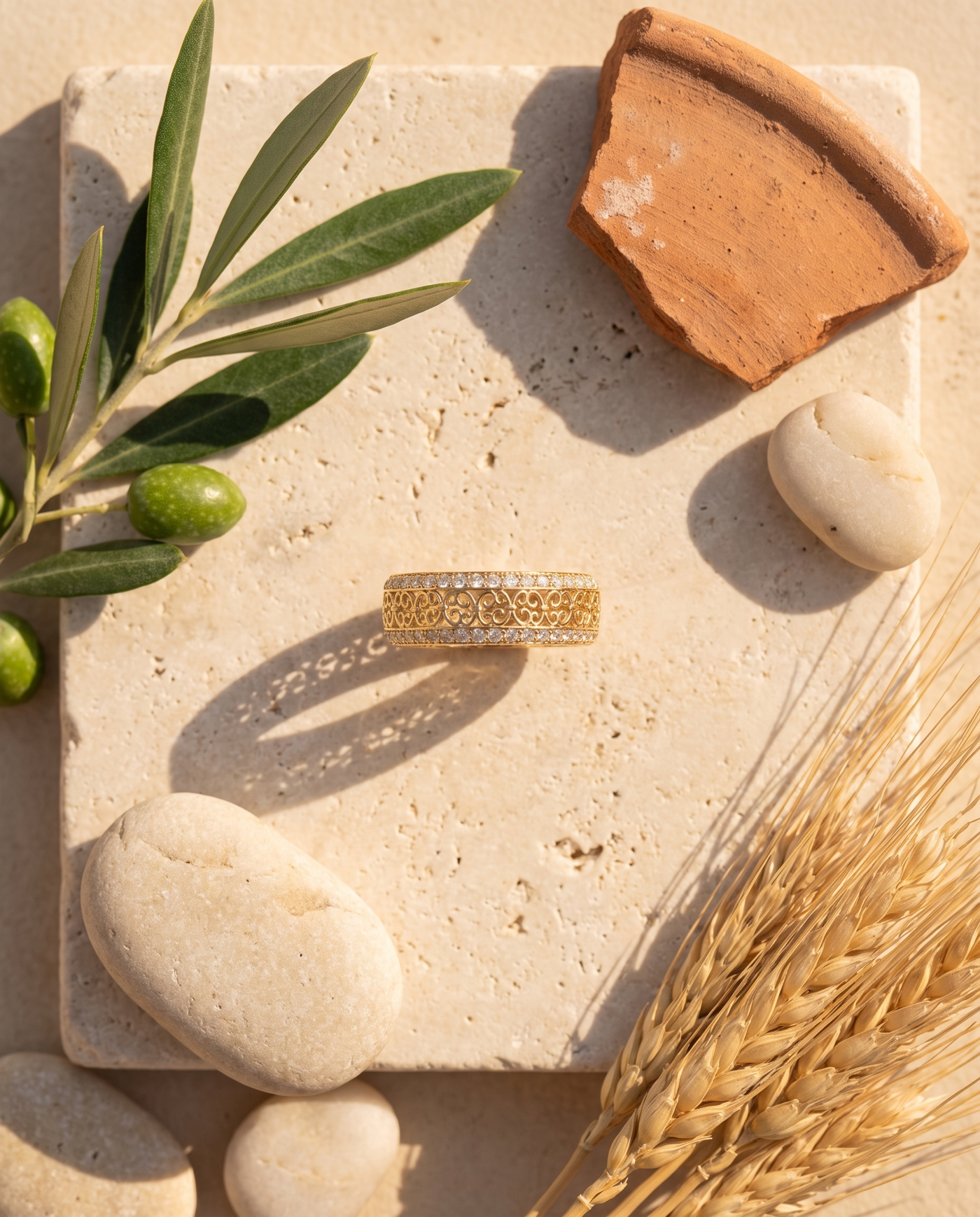 The Valencia Ring styled flat-lay with Mediterranean props
