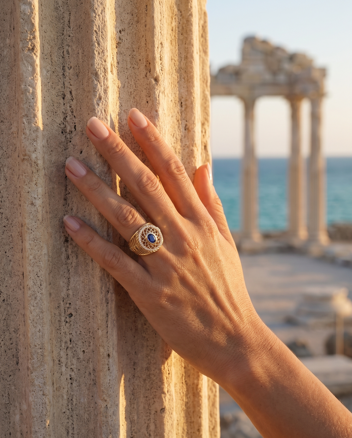 The Elysian Ring worn on a hand by an ancient column overlooking the sea
