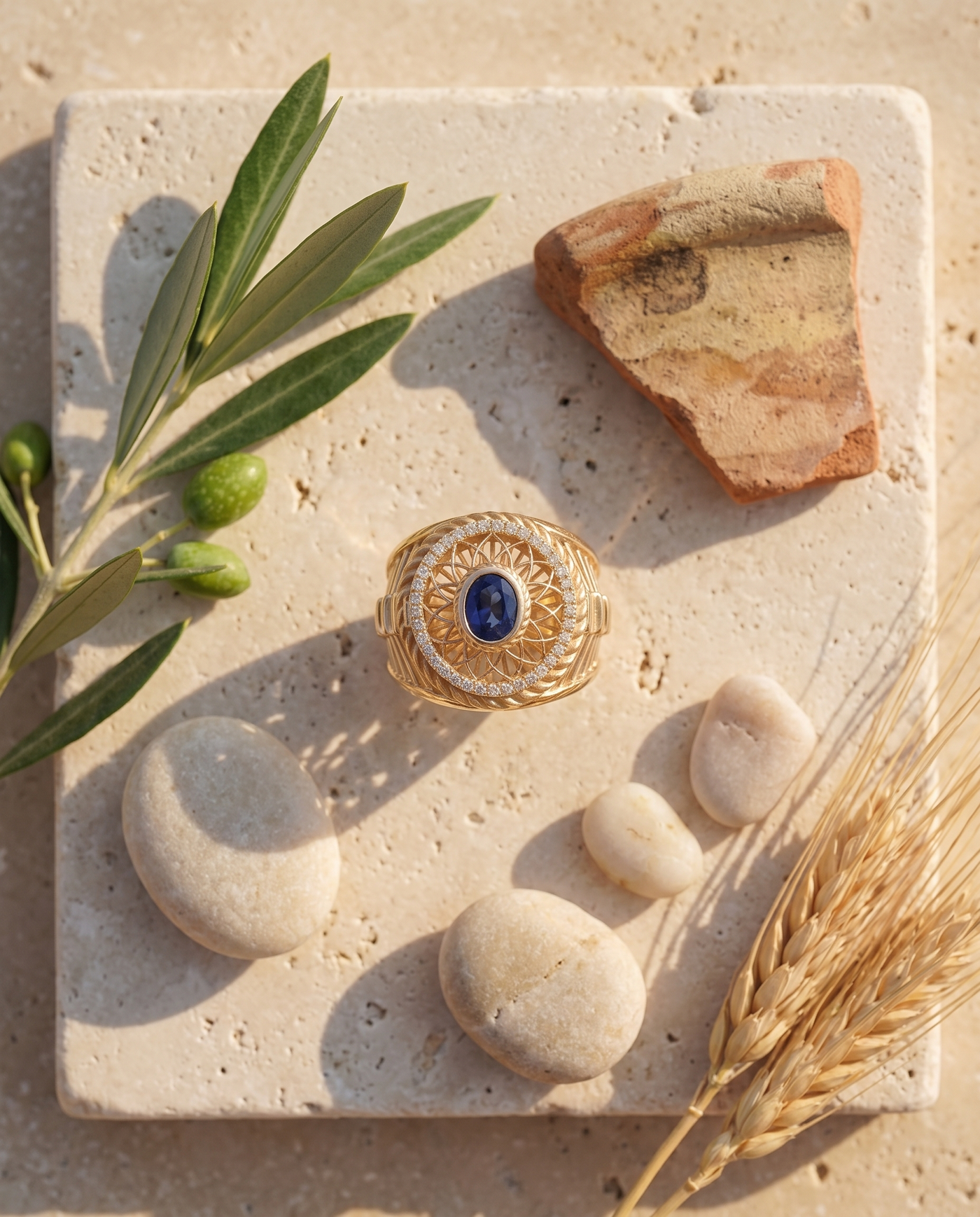 The Elysian Ring styled flat-lay with Mediterranean props