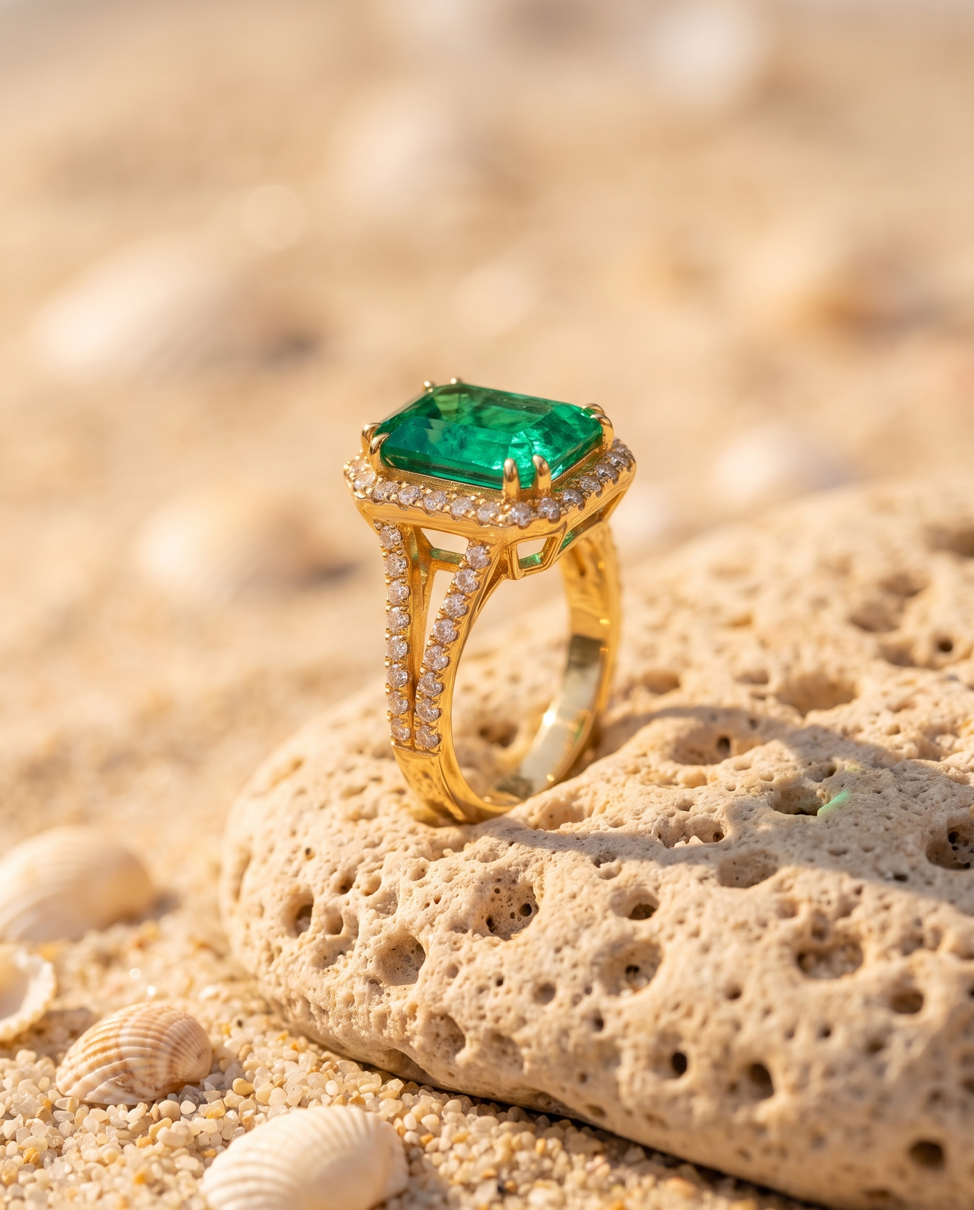 The Sirena Ring on an Aegean beach stone at golden hour