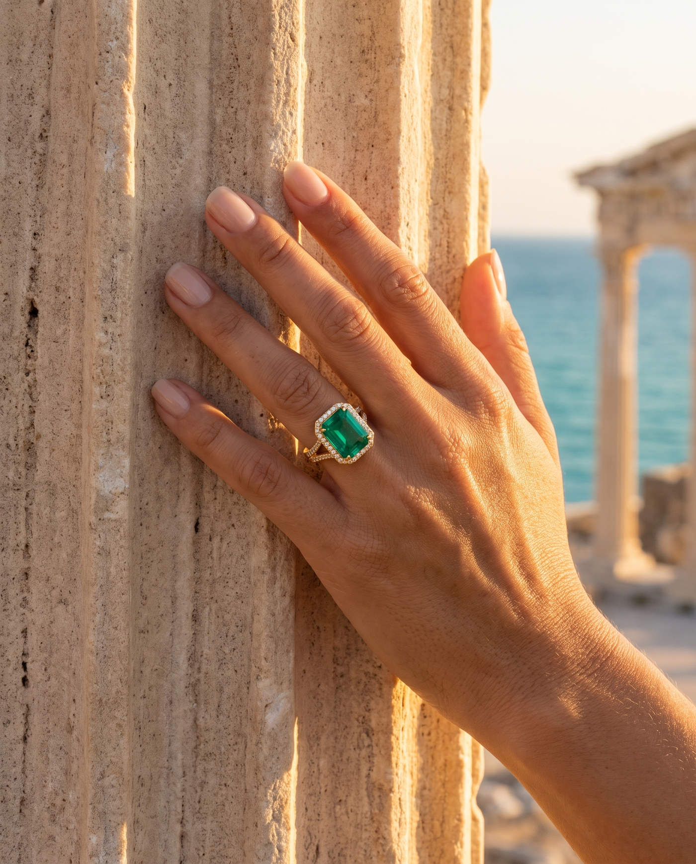 The Sirena Ring worn on a hand by an ancient column overlooking the sea