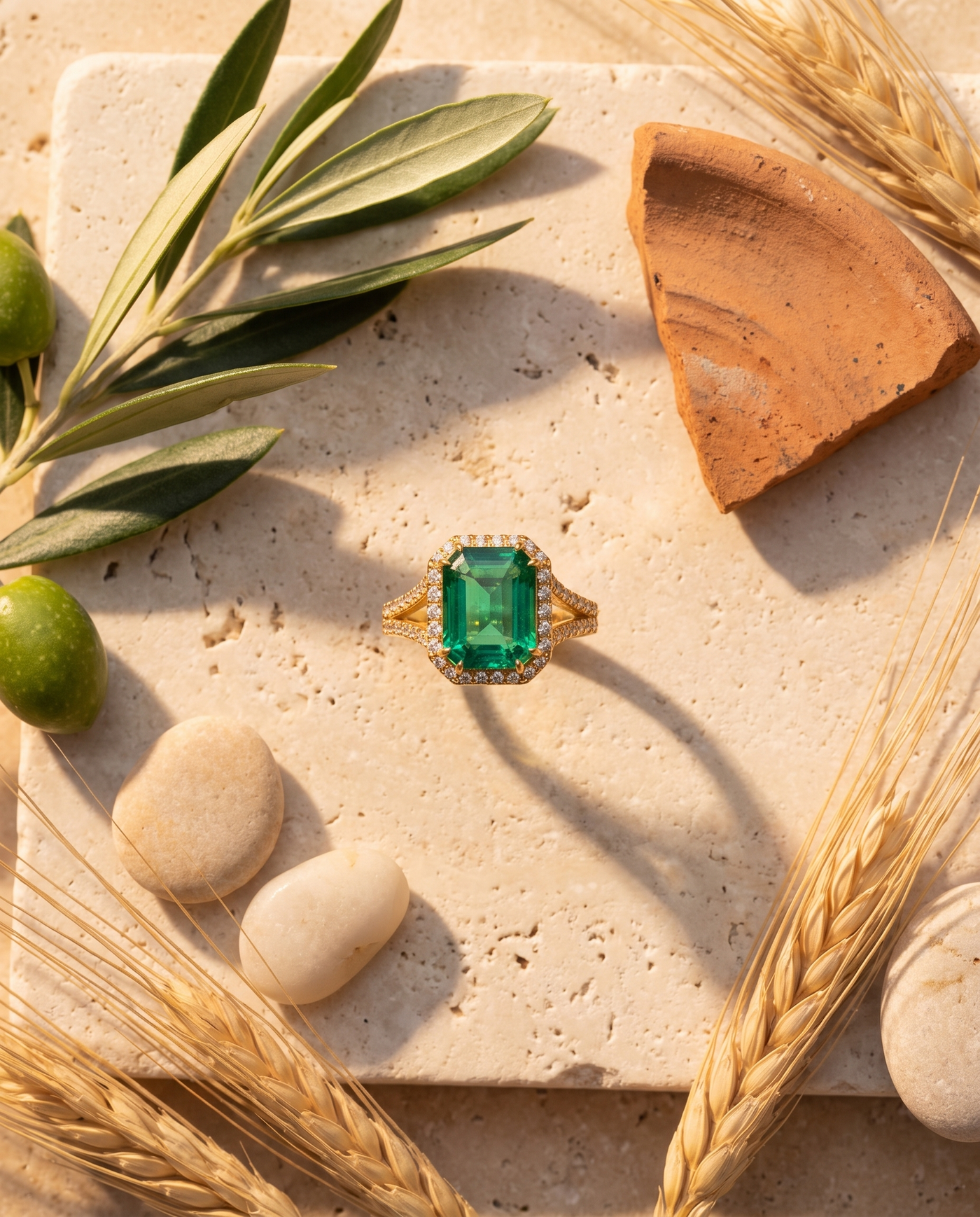 The Sirena Ring styled flat-lay with Mediterranean props