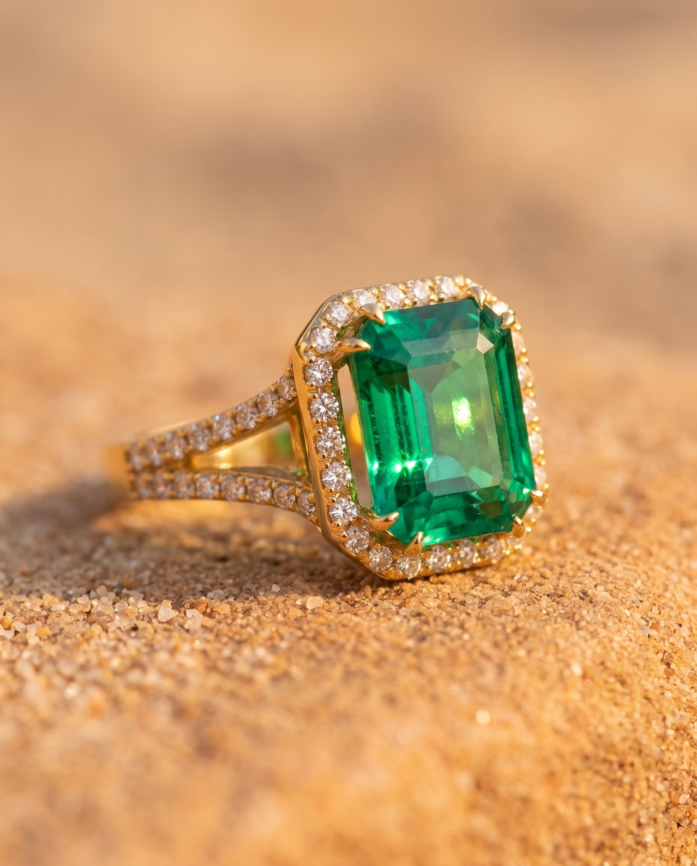 The Sirena Ring macro detail of emerald and diamonds