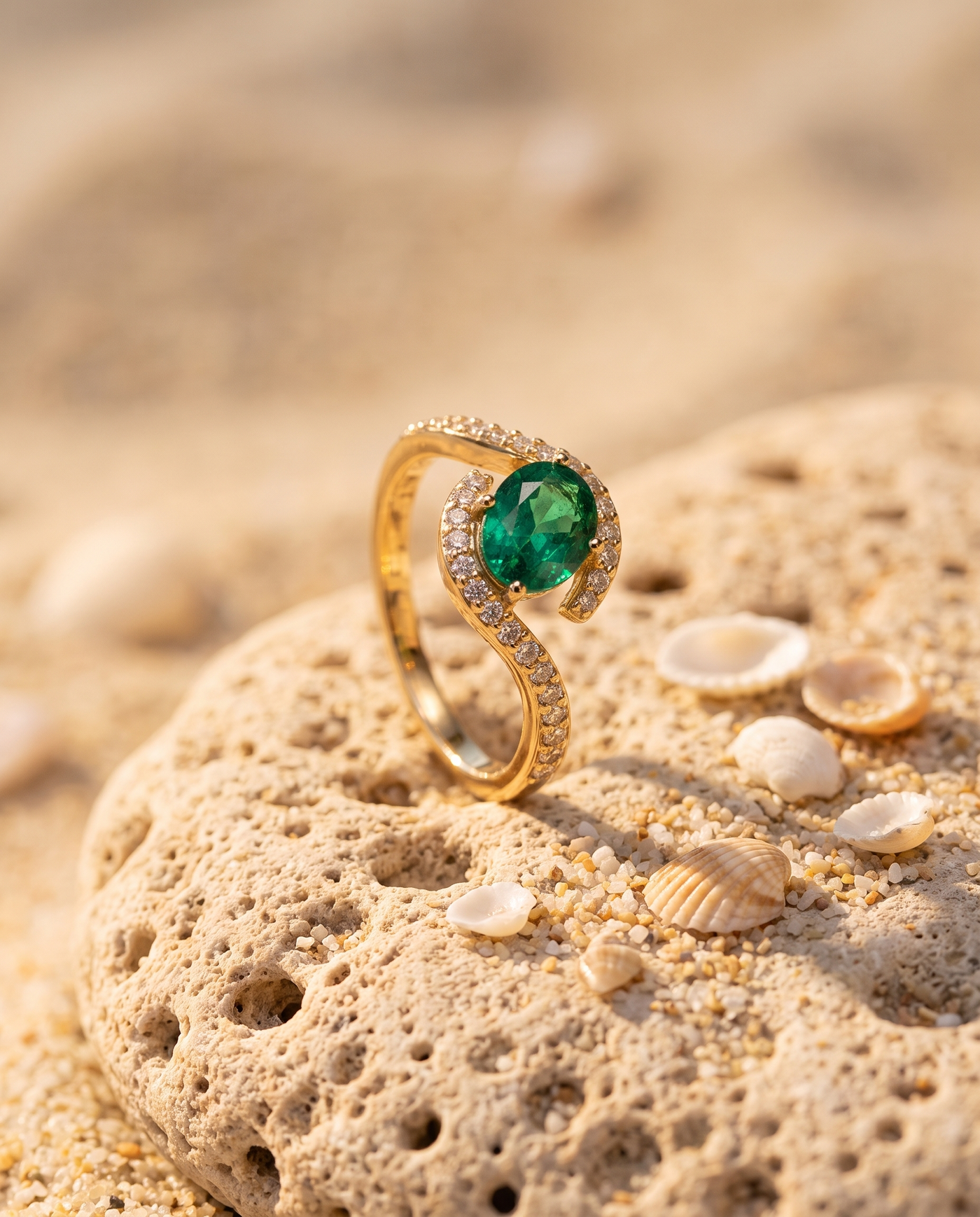Diamond Wave Ring on an Aegean beach stone at golden hour