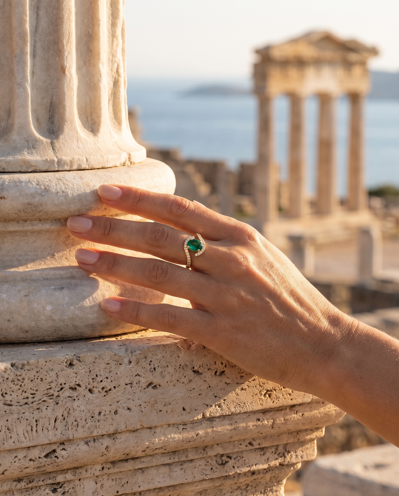 Diamond Wave Ring worn on a hand by an ancient column overlooking the sea