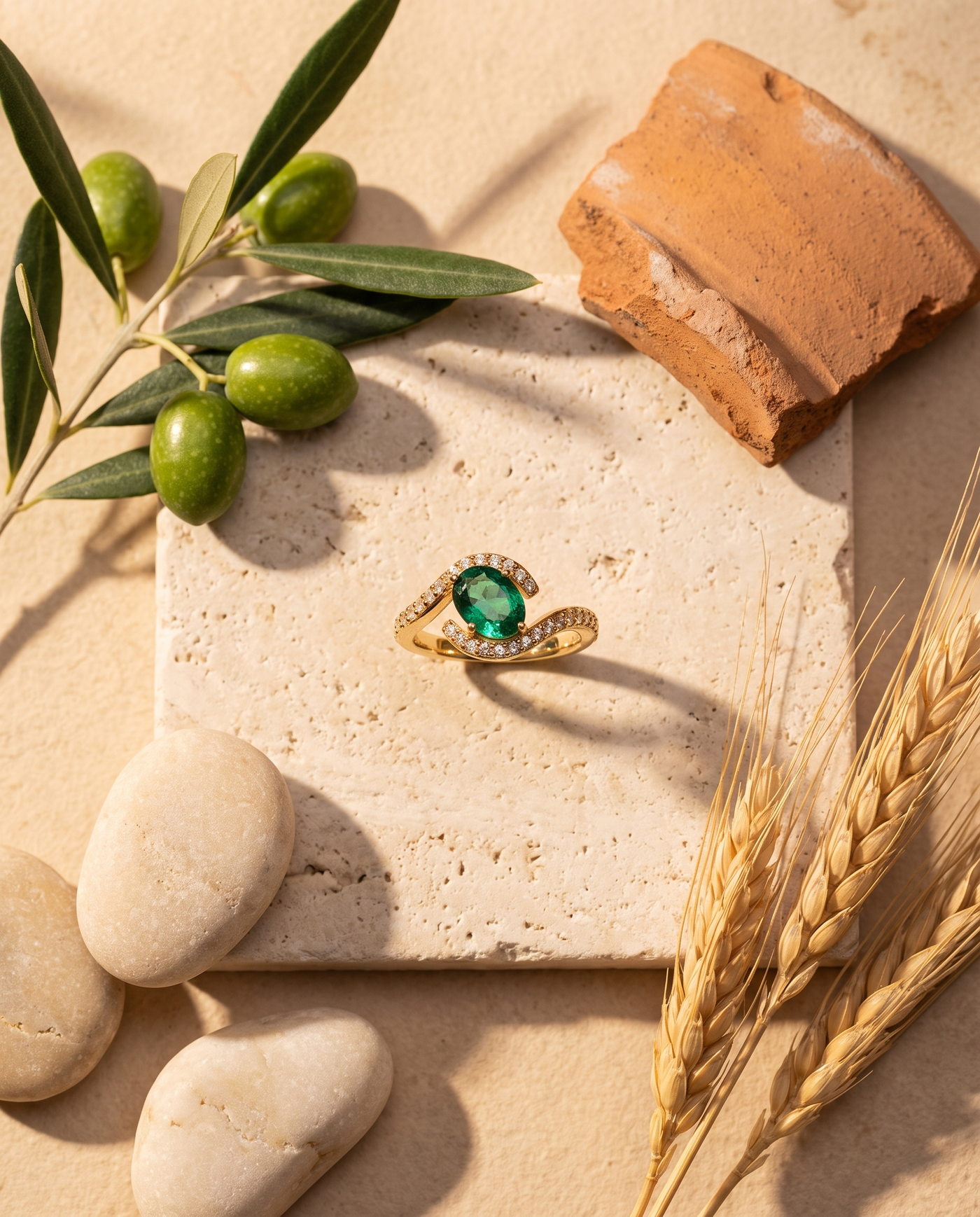 Diamond Wave Ring styled flat-lay with Mediterranean props