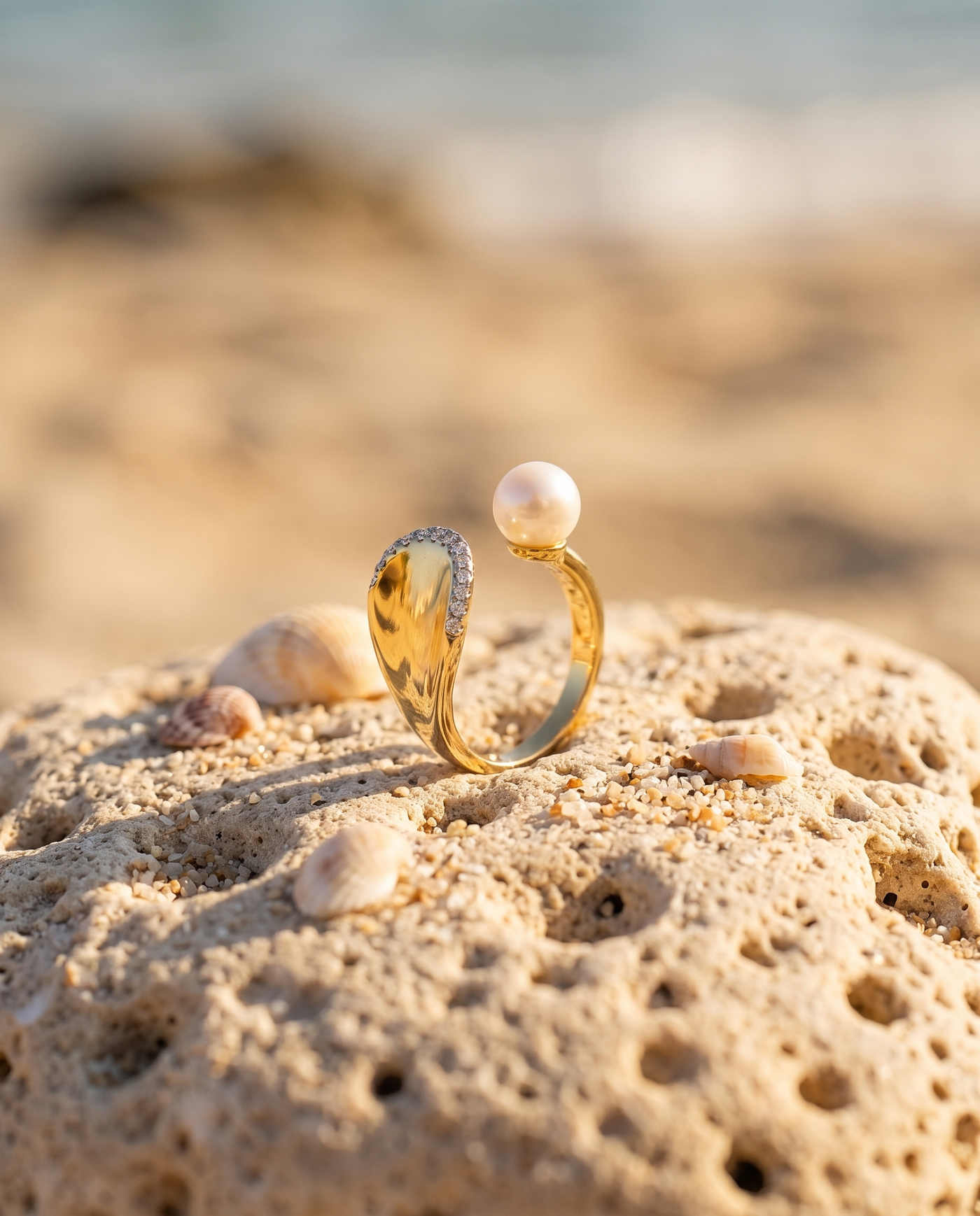 Pearl Embrace Ring on an Aegean beach stone at golden hour