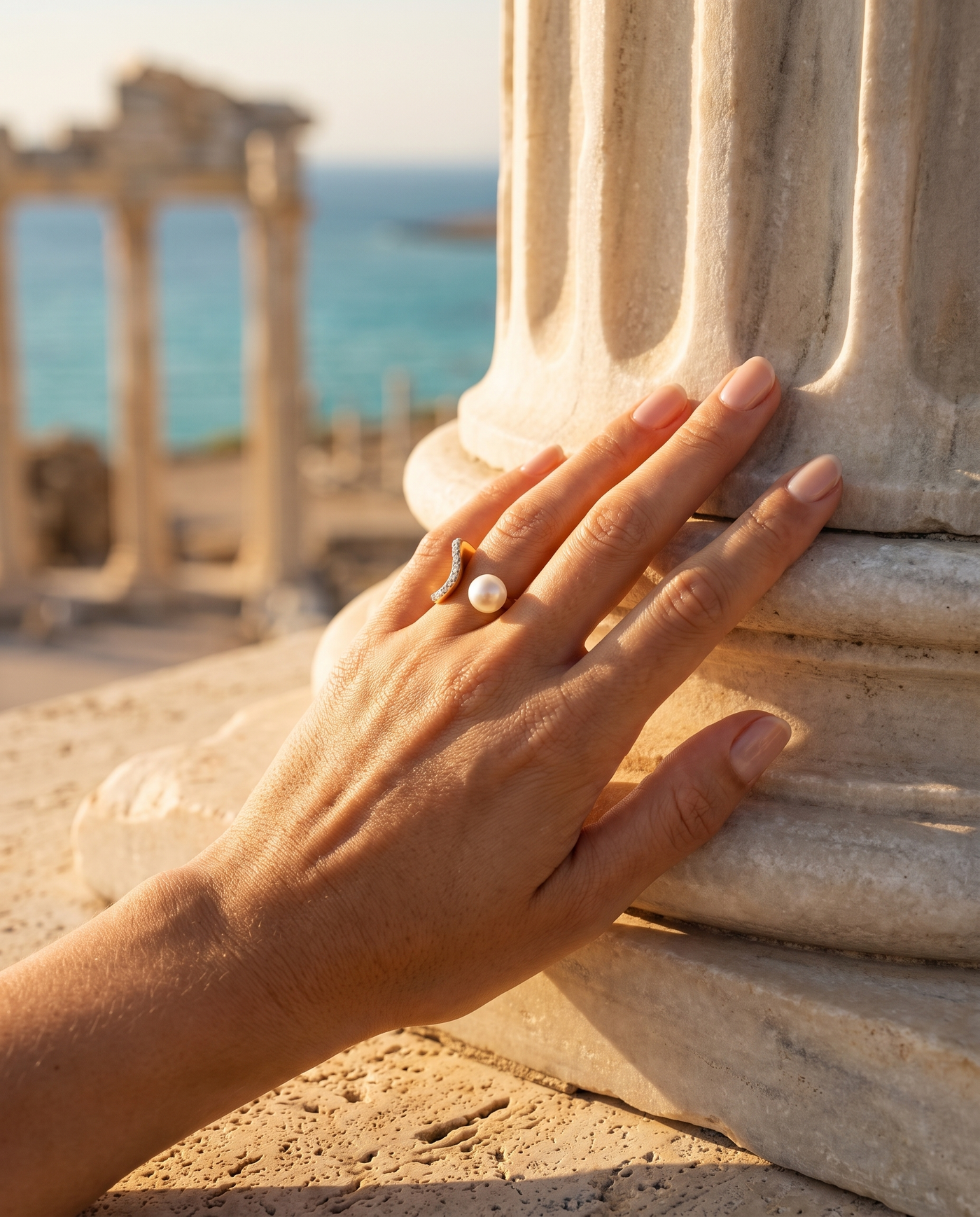 Pearl Embrace Ring worn on a hand by an ancient column overlooking the sea