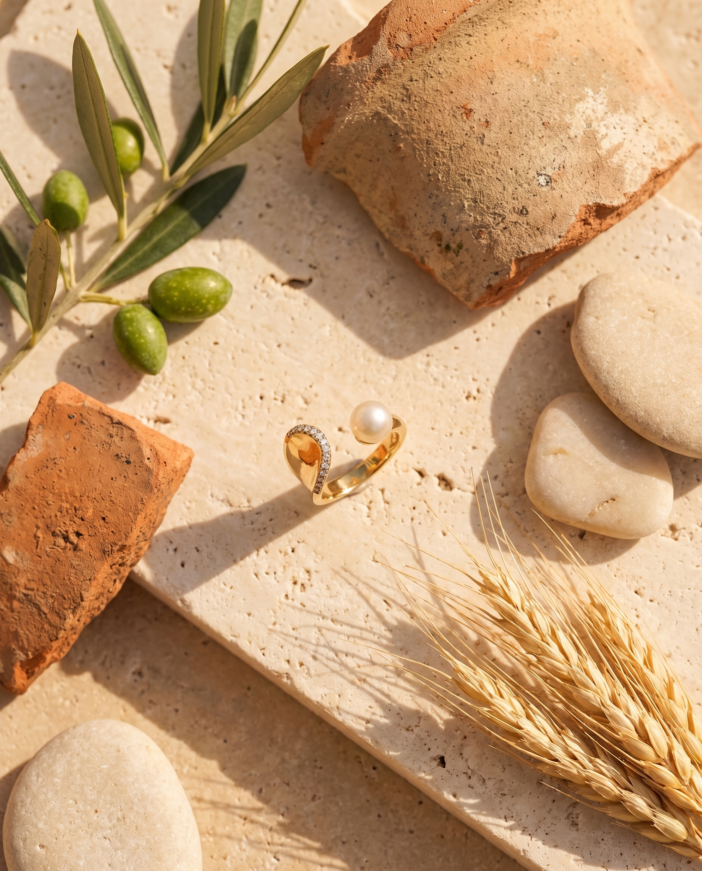 Pearl Embrace Ring styled flat-lay with Mediterranean props